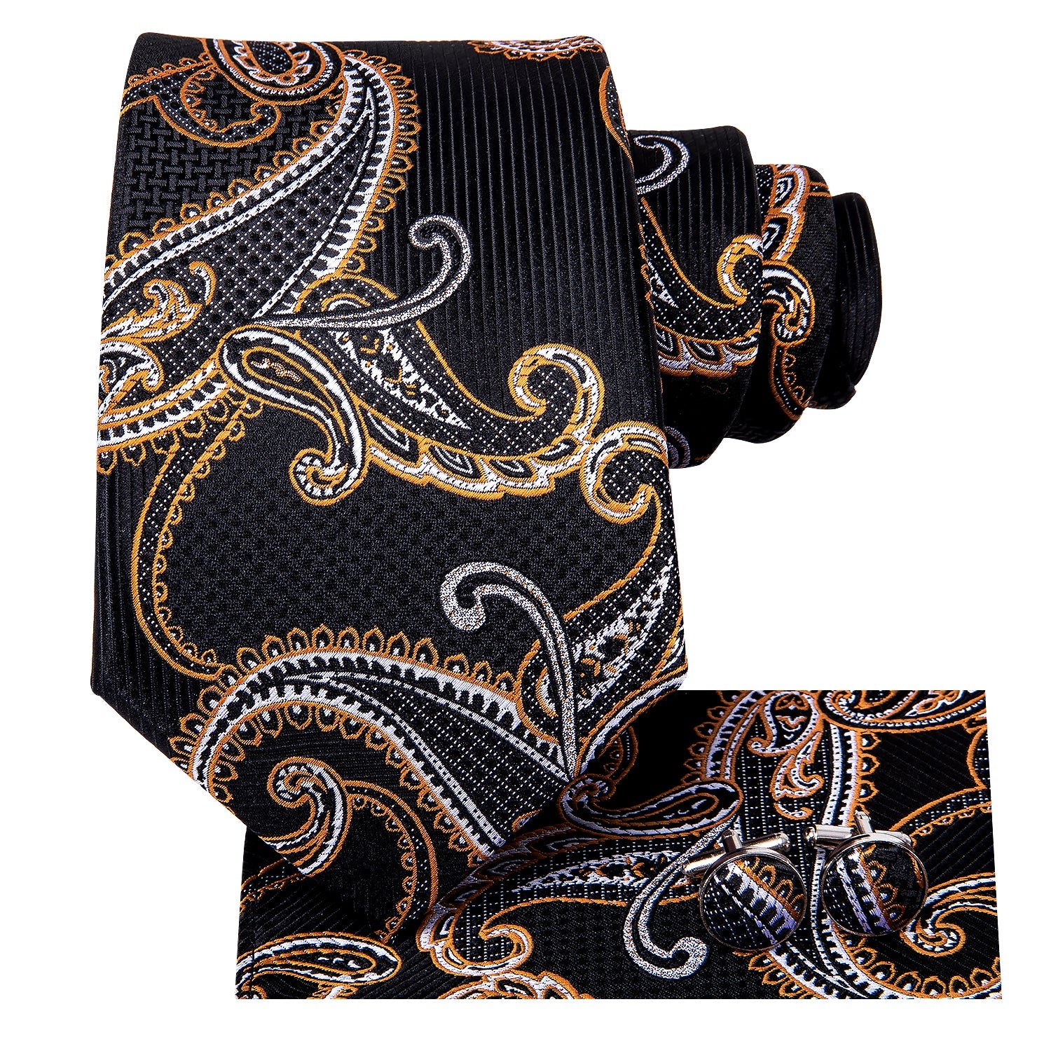 GentCrest Black Paisley Tie Hanky Cufflinks Set - Image 2