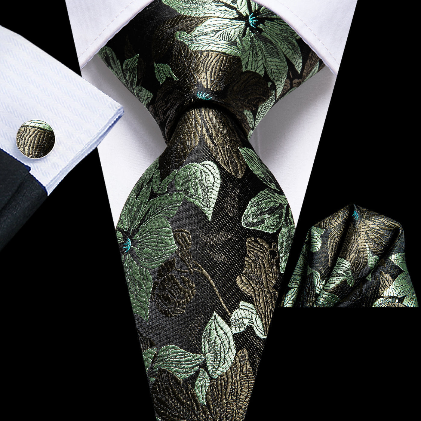 Black & Forest Green Floral Silk Tie Set - GentCrest