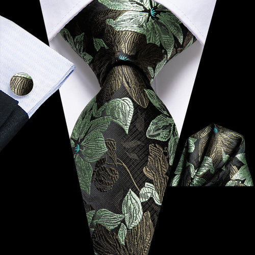 Black & Forest Green Floral Silk Tie Set - GentCrest