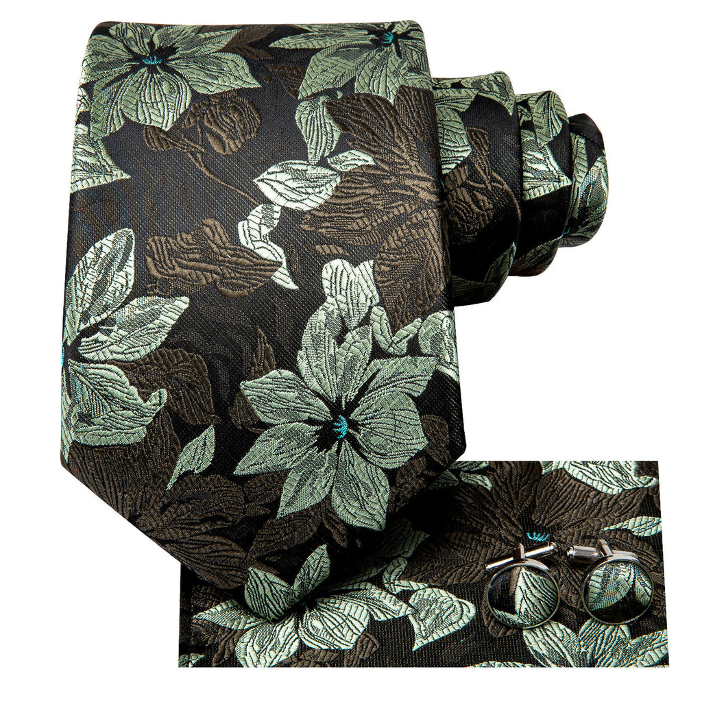 Black & Forest Green Floral Silk Tie Set - GentCrest - View 3