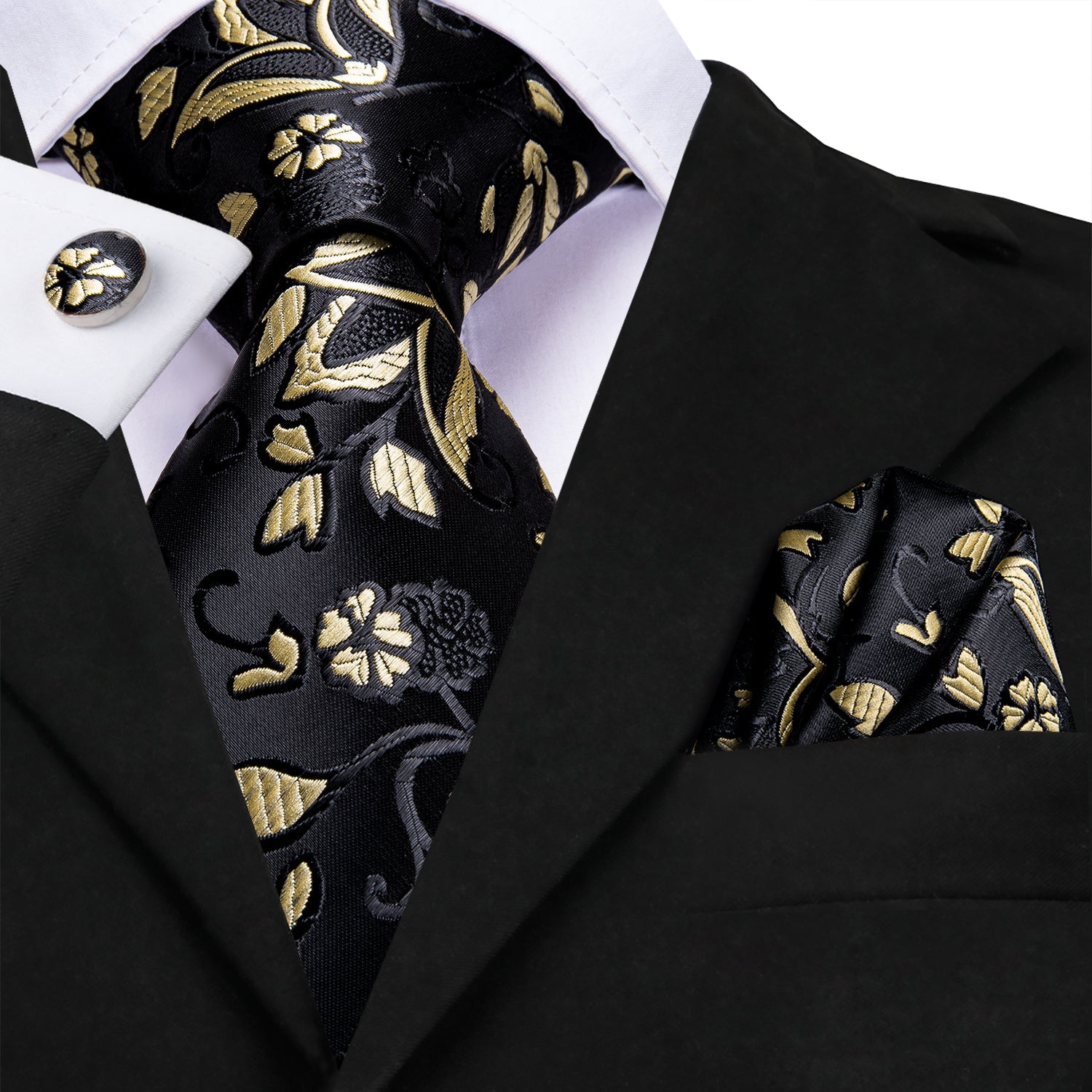 GentCrest Black Floral Tie Hanky Cufflinks Set - Image 1