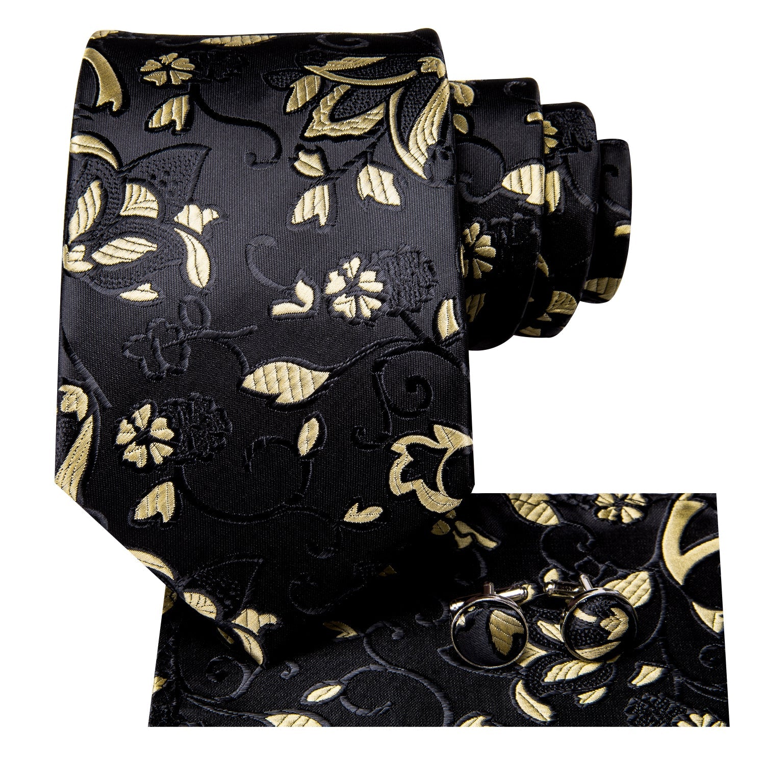 GentCrest Black Floral Tie Hanky Cufflinks Set - Image 5
