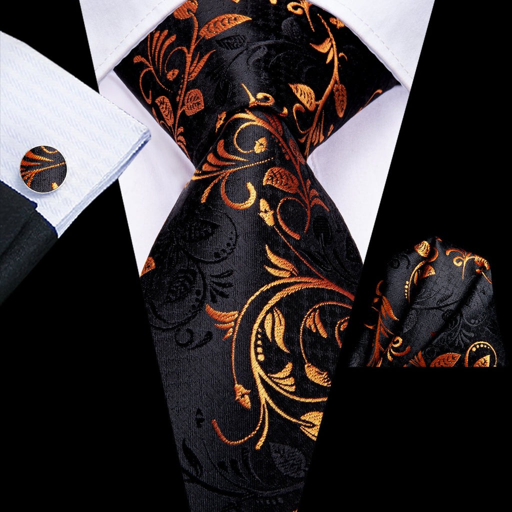 GentCrest Black Floral Tie Hanky Cufflinks Set - Image 1