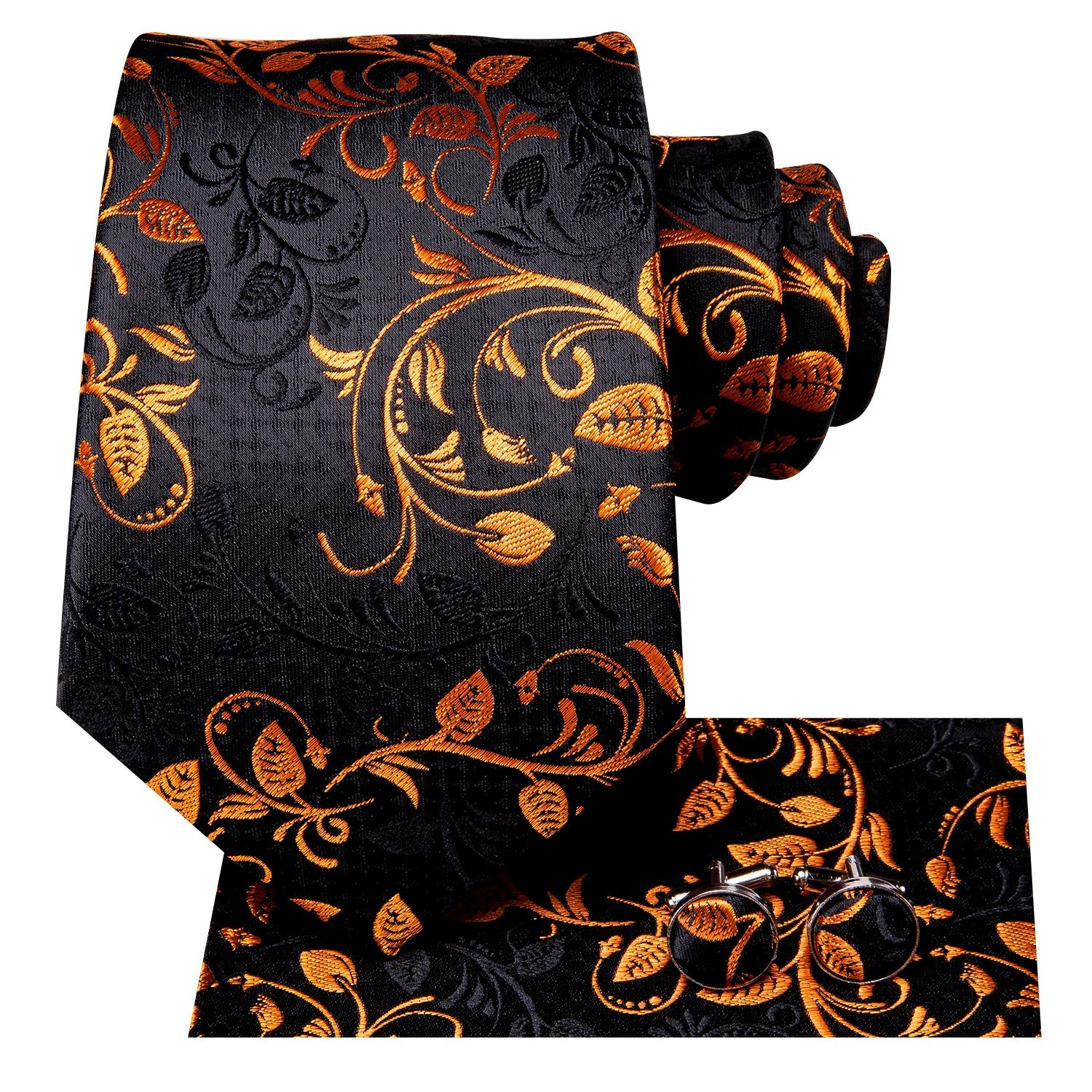 GentCrest Black Floral Tie Hanky Cufflinks Set - Image 2