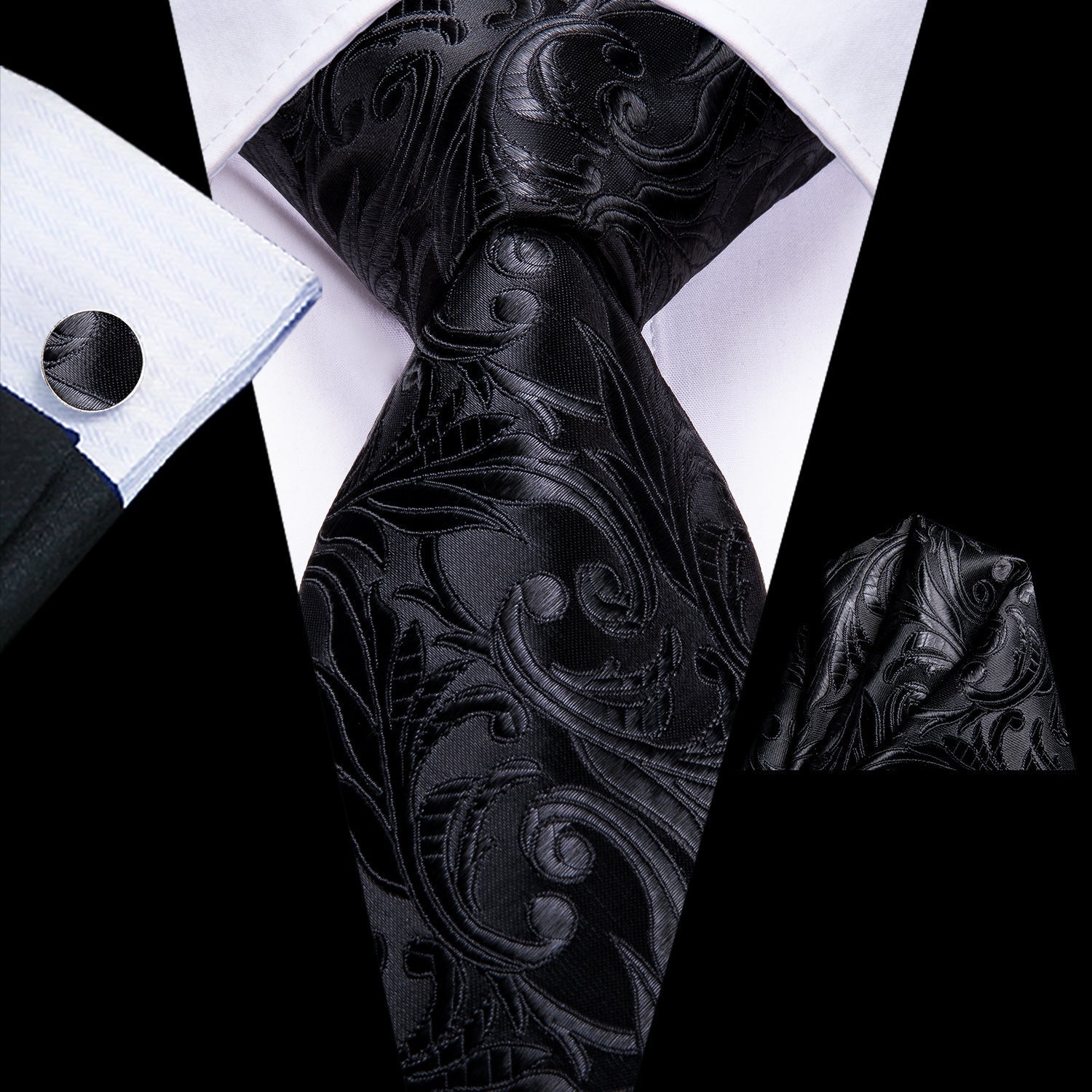 GentCrest Black Floral Tie Hanky Cufflinks Set - Image 1