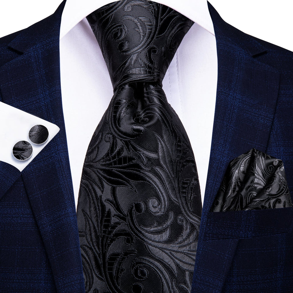 GentCrest Black Floral Tie Hanky Cufflinks Set - Image 2