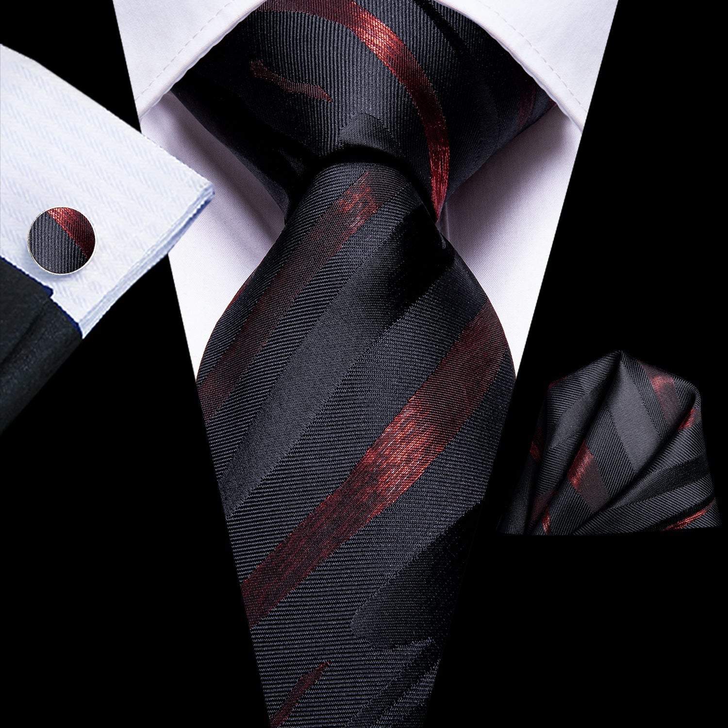 GentCrest Black Striped Tie Hanky Cufflinks Set - Image 1