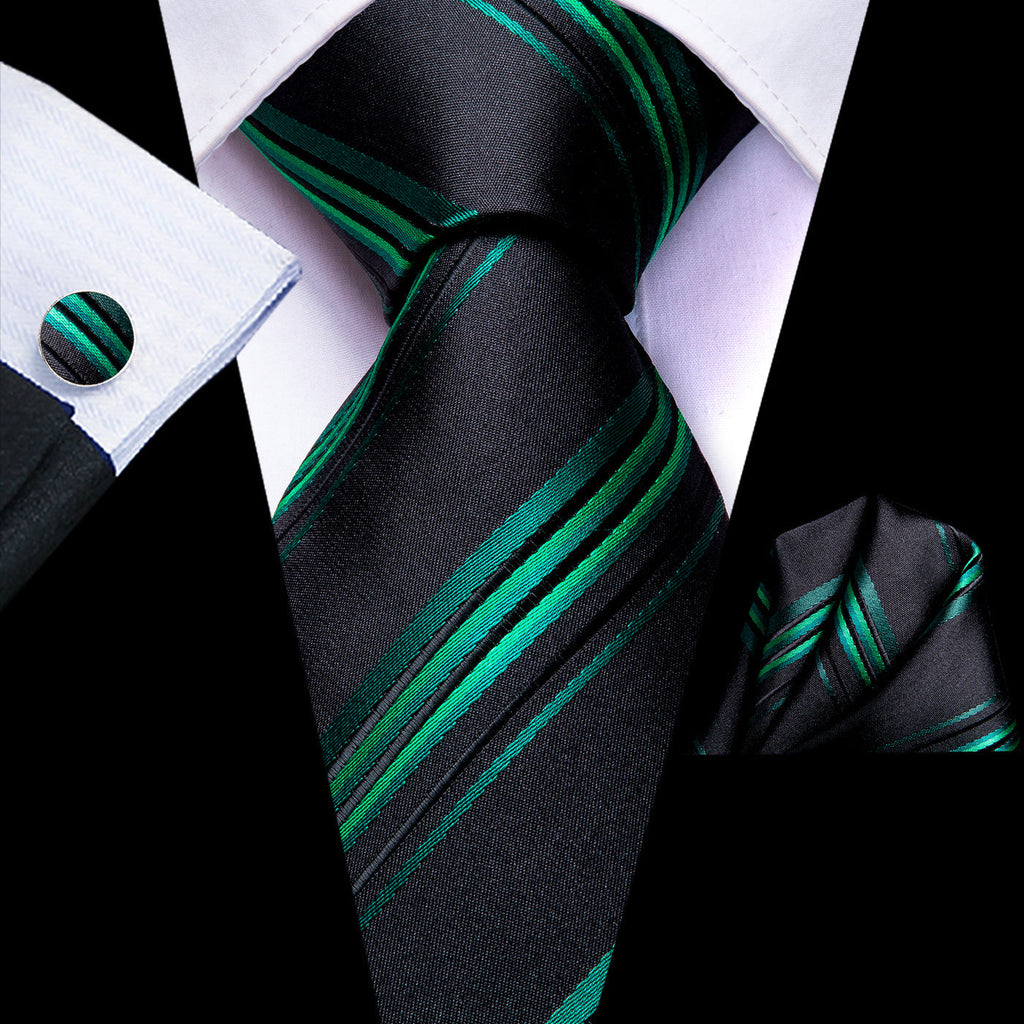 Black & Emerald Green Striped Silk Tie Set - GentCrest
