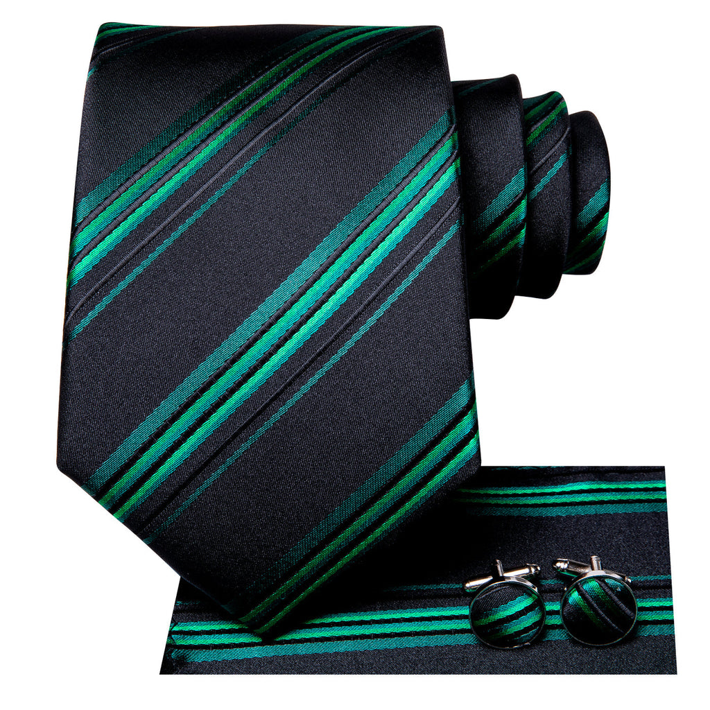 Black & Emerald Green Striped Silk Tie Set - GentCrest - View 2