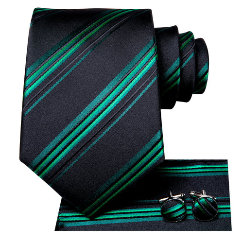 Black & Emerald Green Striped Silk Tie Set - GentCrest - View 2
