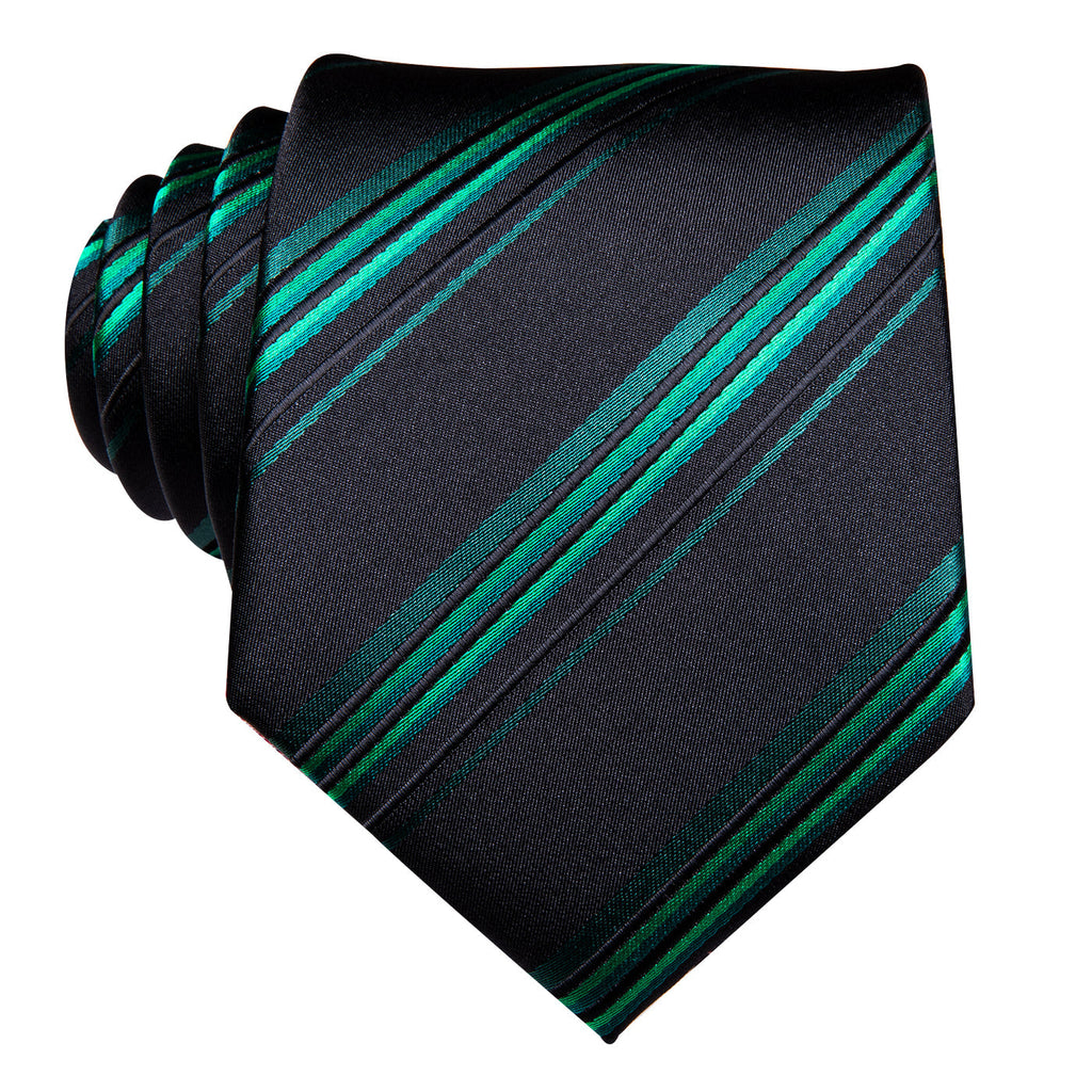 Black & Emerald Green Striped Silk Tie Set - GentCrest - View 4