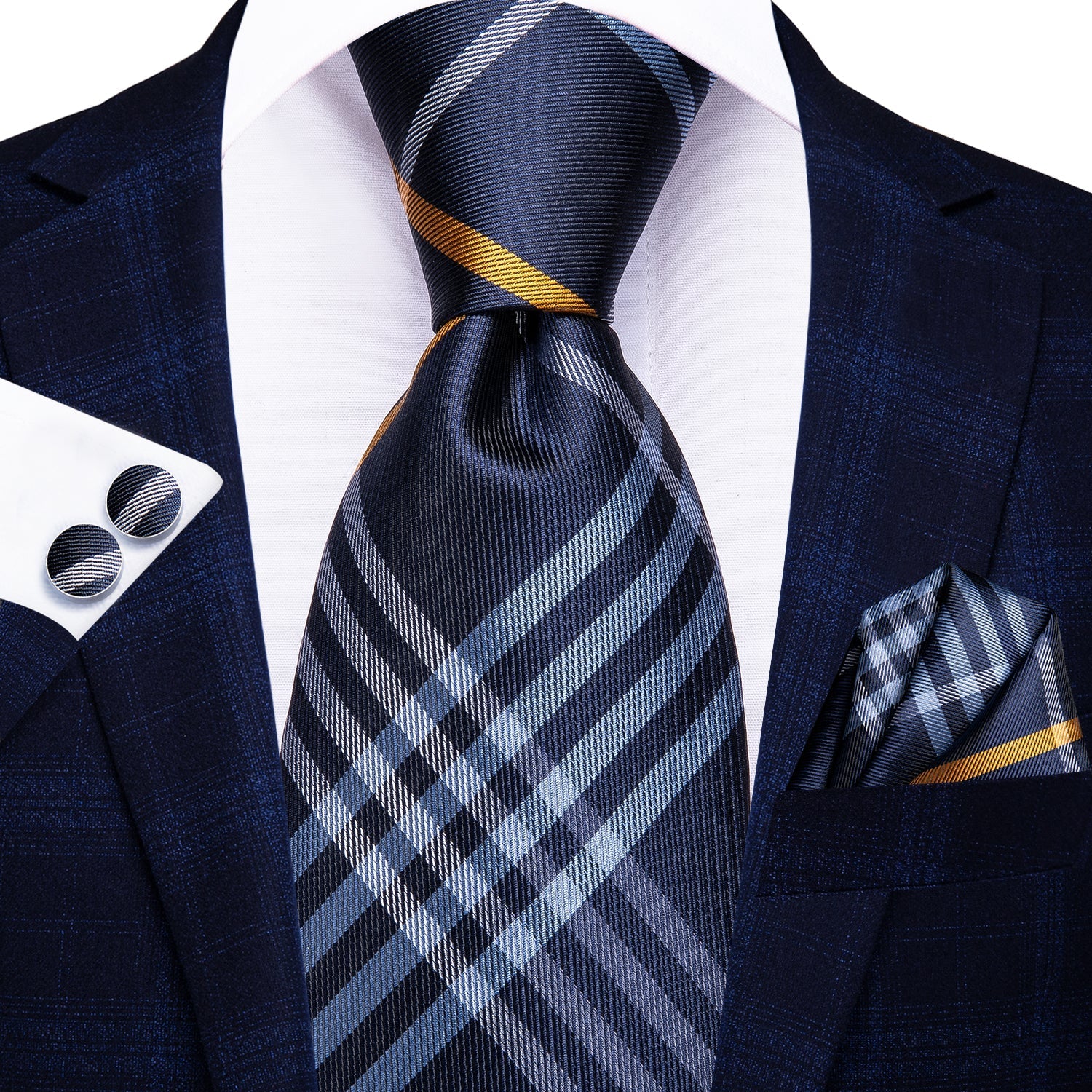 GentCrest Blue Plaid Tie Hanky Cufflinks Set - Image 2