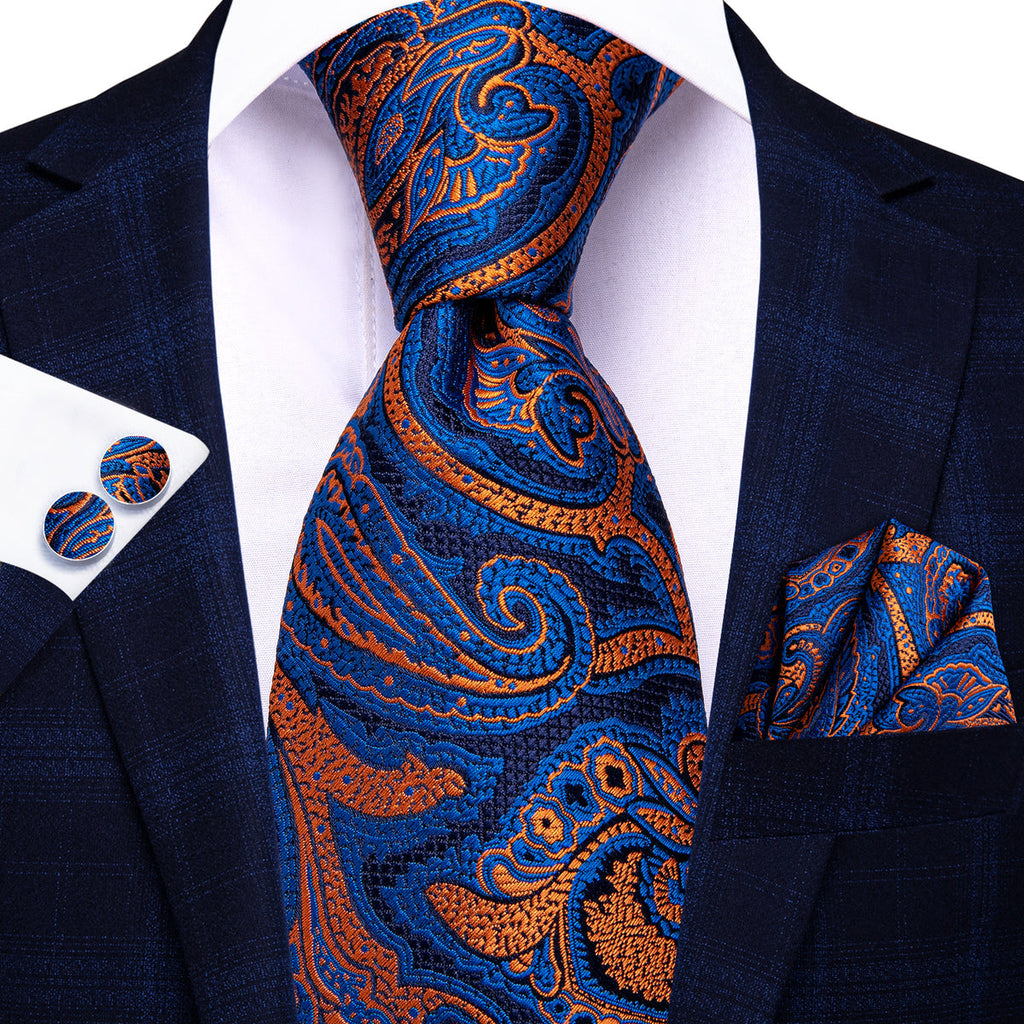 Blue and Orange Paisley Silk Tie Set - GentCrest