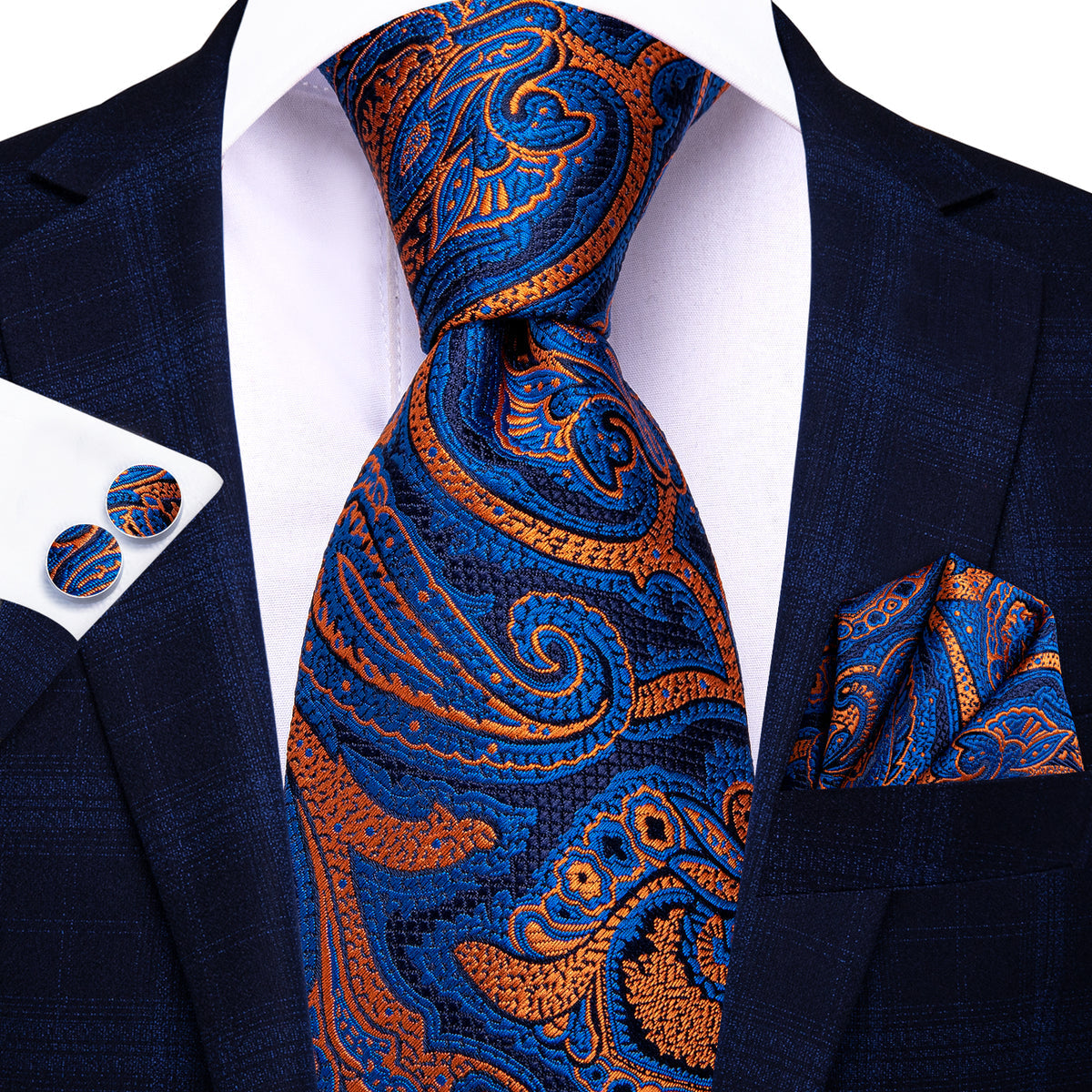 Blue and Orange Paisley Silk Tie Set - GentCrest