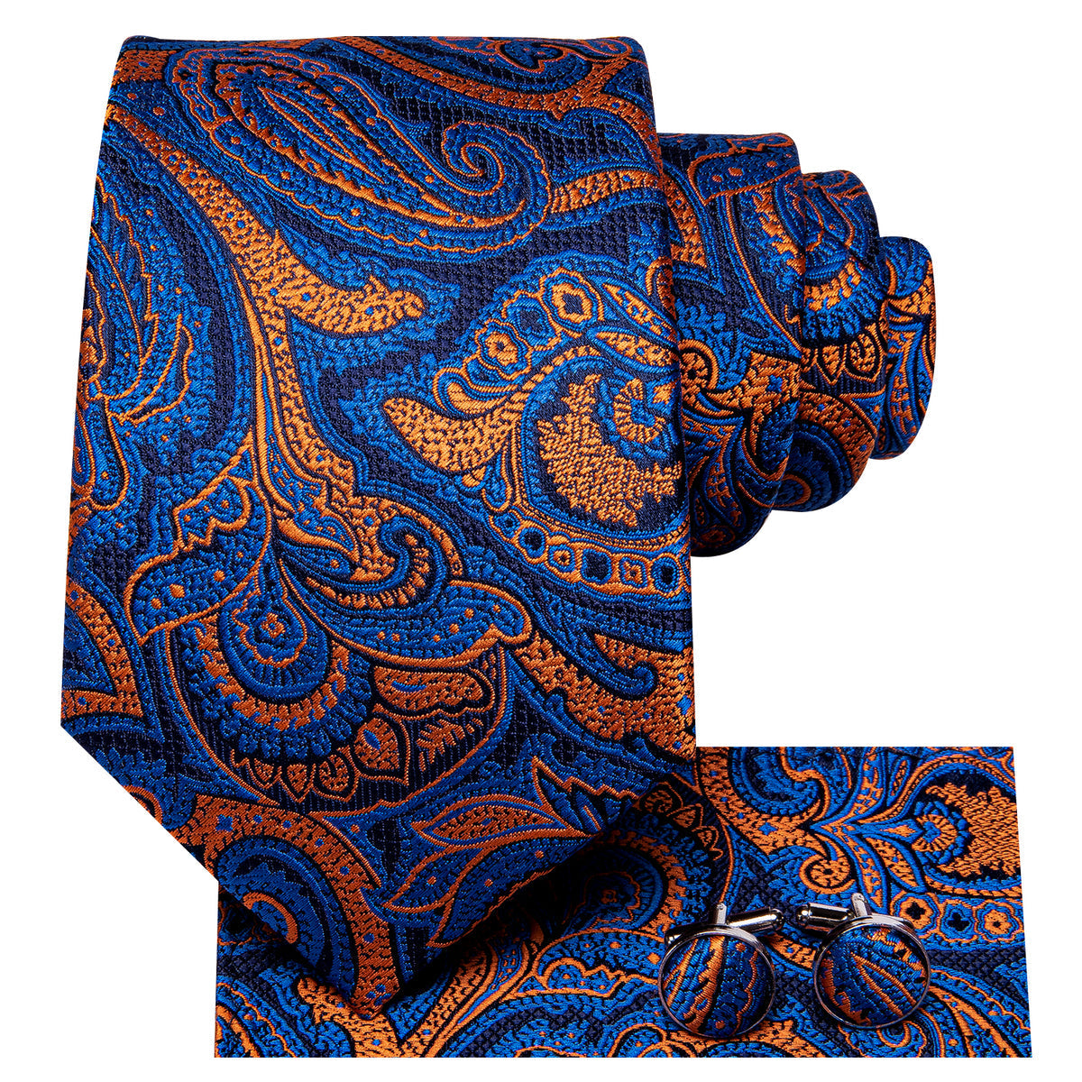 Blue and Orange Paisley Silk Tie Set - GentCrest - View 3