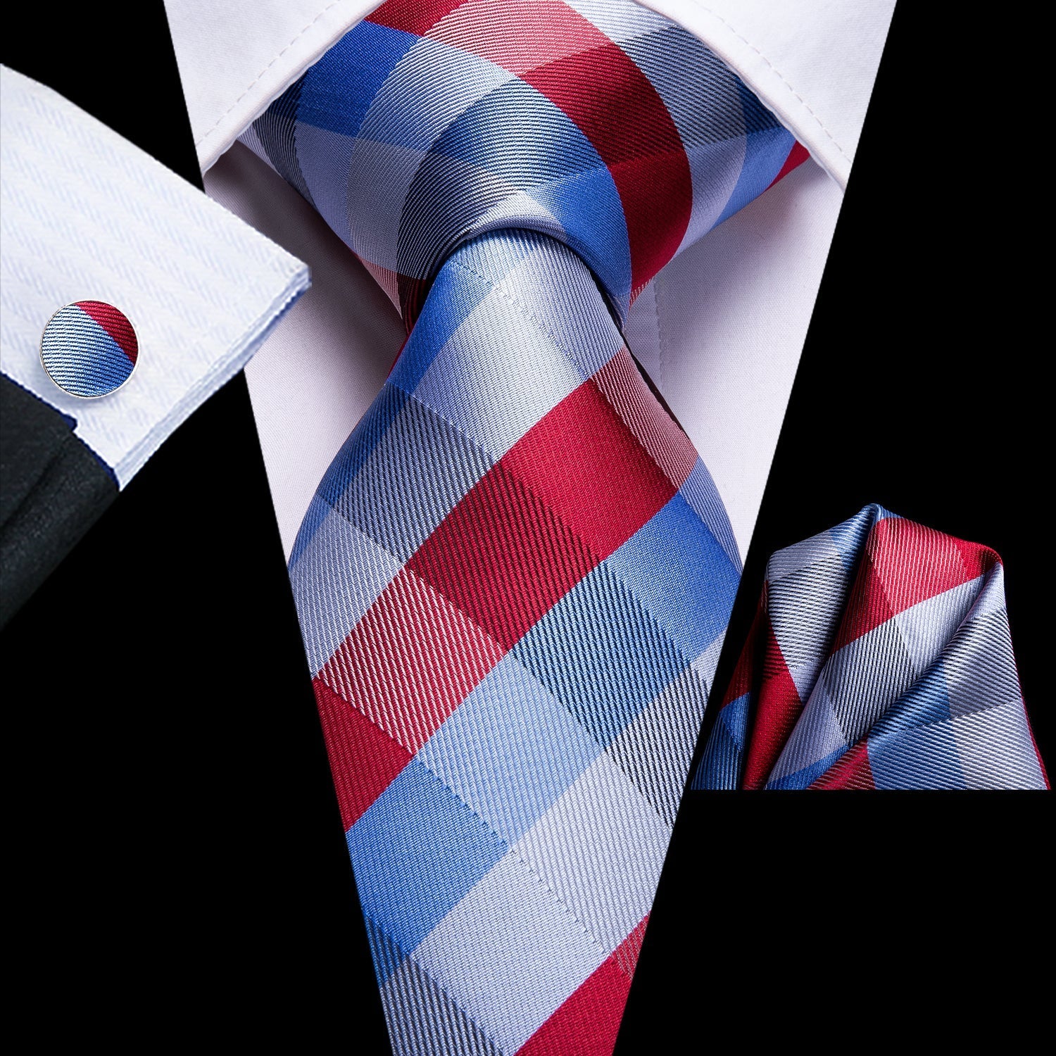 GentCrest Blue Plaid Tie Hanky Cufflinks Set - Image 1