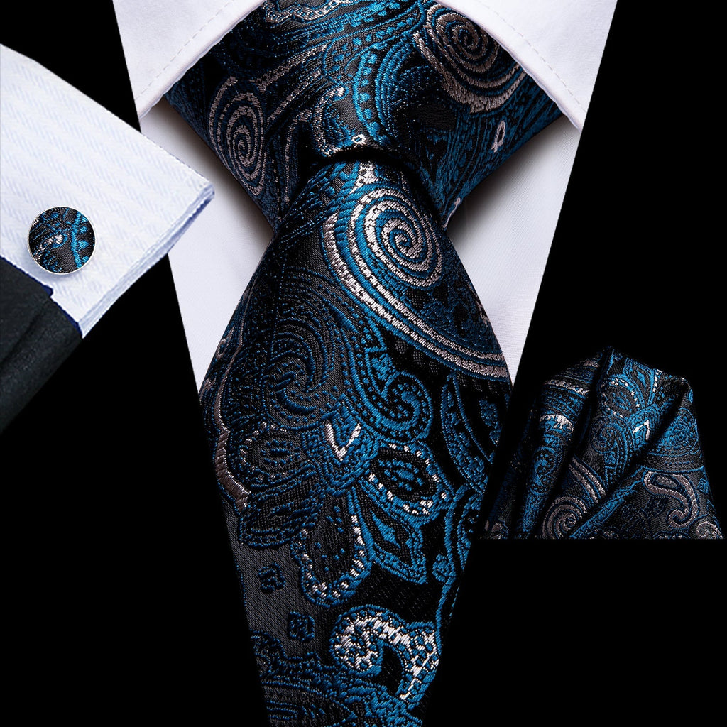 GentCrest Black Paisley Tie Hanky Cufflinks Set - Image 1