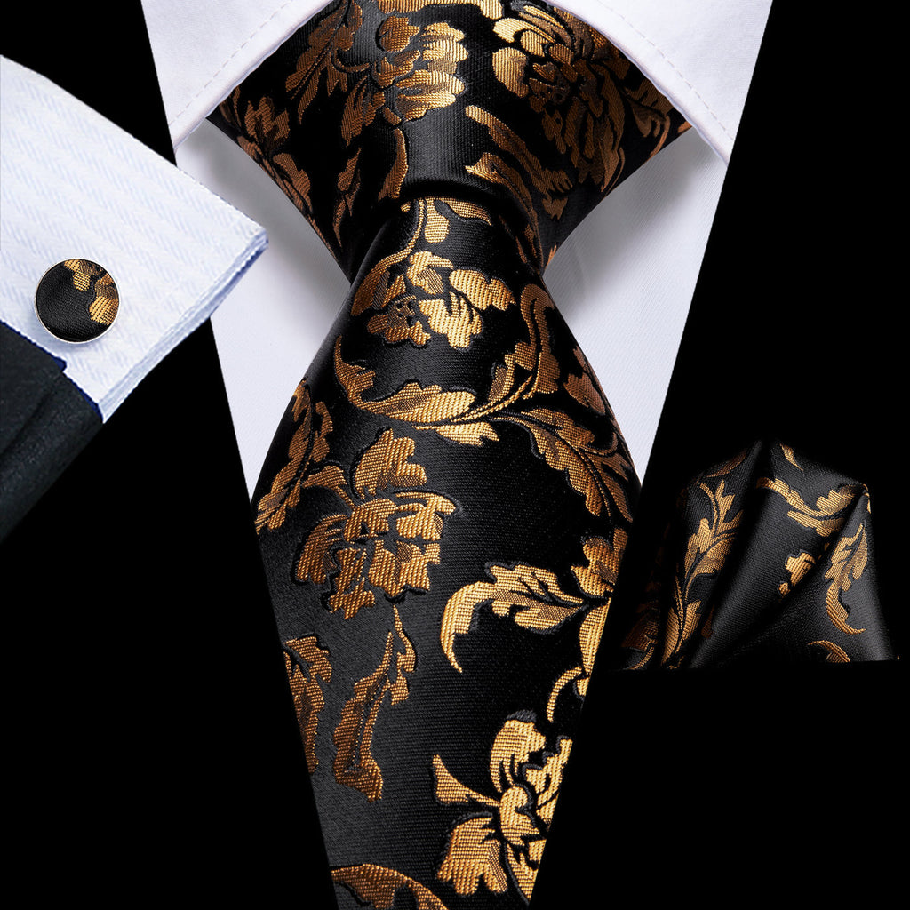 Black & Gold Floral Silk Tie Set - GentCrest - View 5