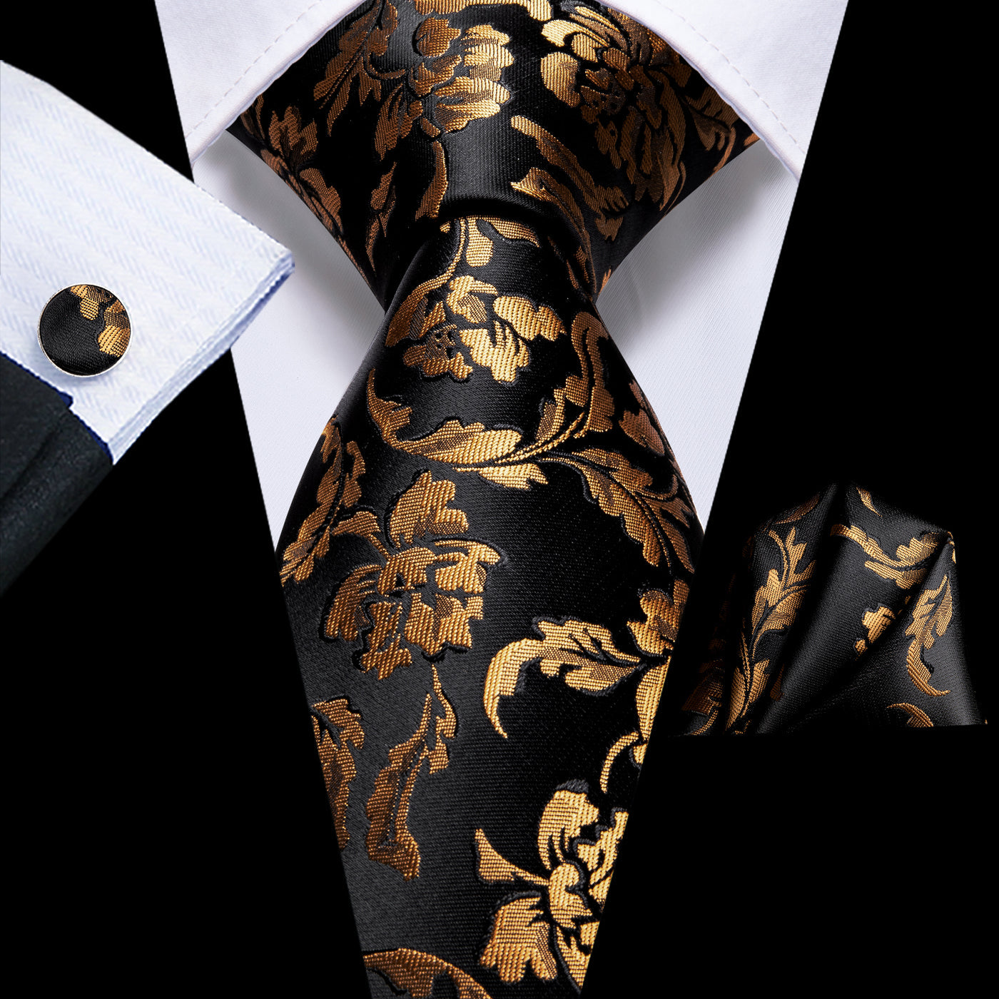 Black & Gold Floral Silk Tie Set - GentCrest - View 5