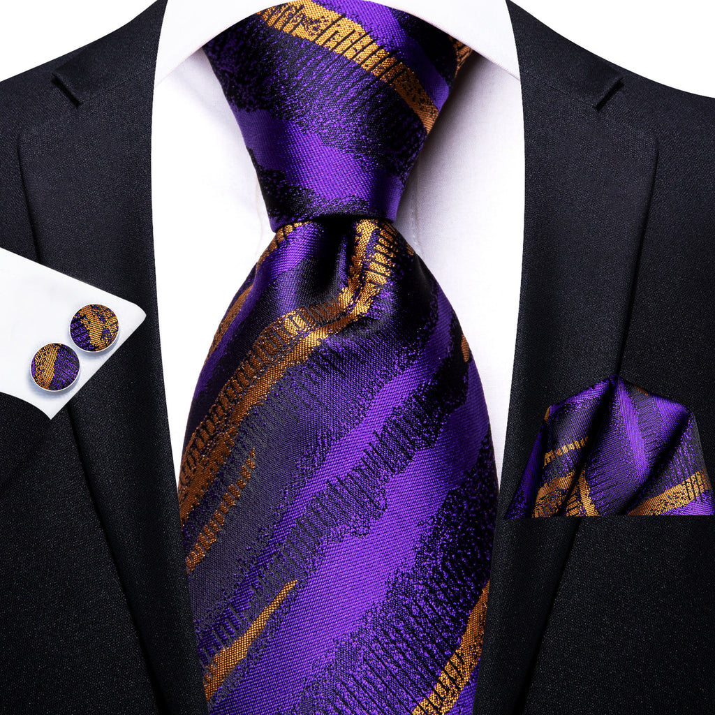 Purple and Gold Striped Silk Tie Set - GentCrest - View 5