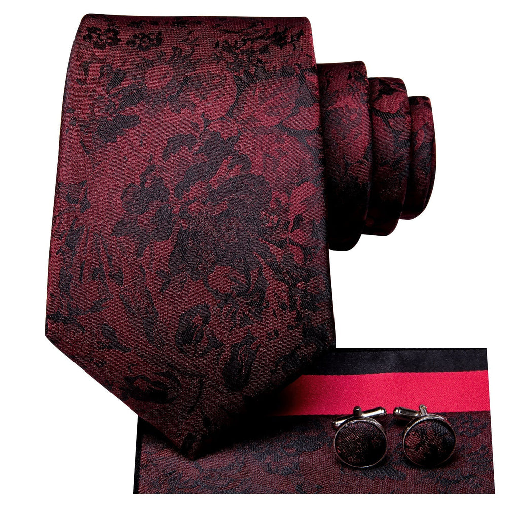 Red and Black Floral Silk Tie Set - GentCrest - View 2