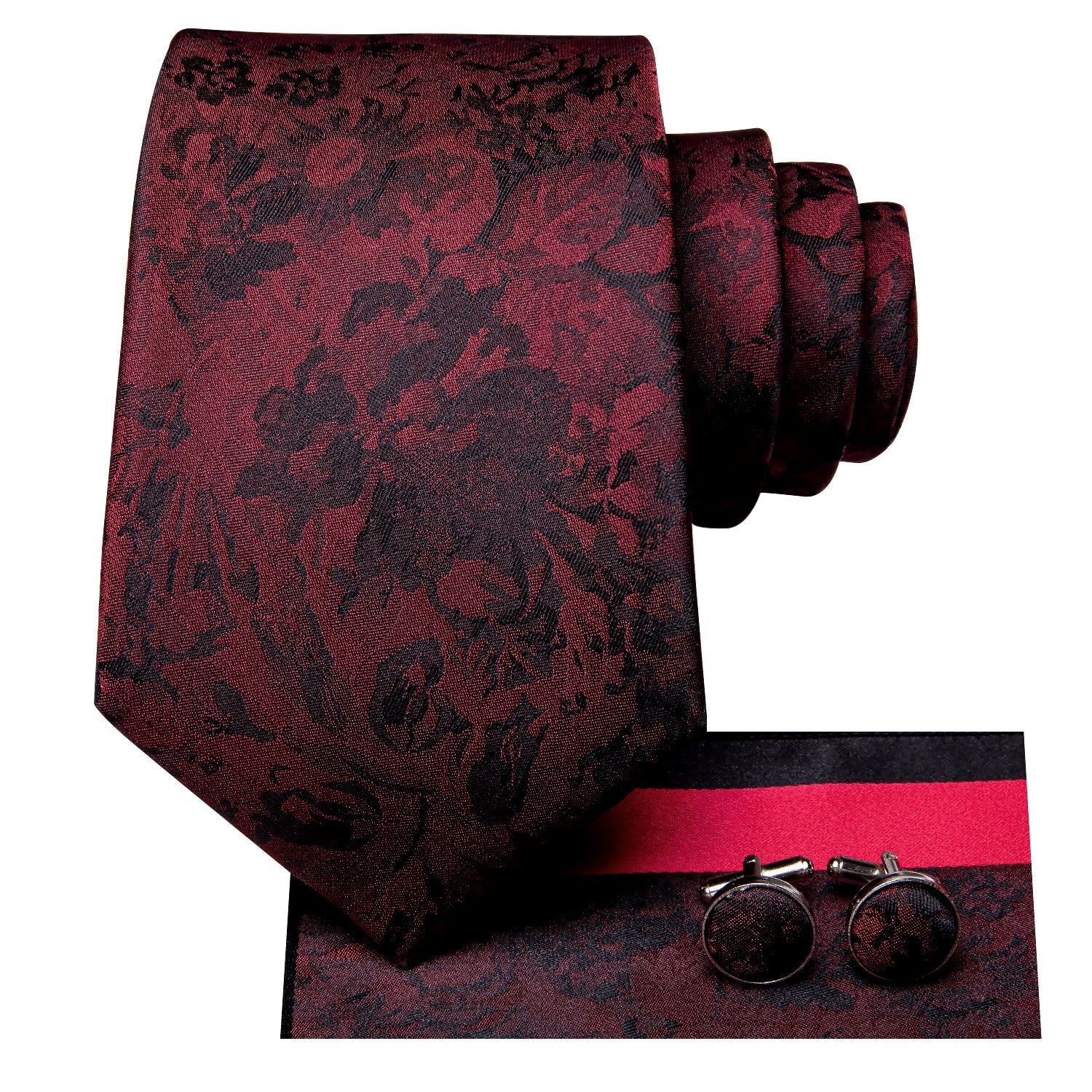 Red and Black Floral Silk Tie Set - GentCrest - View 2