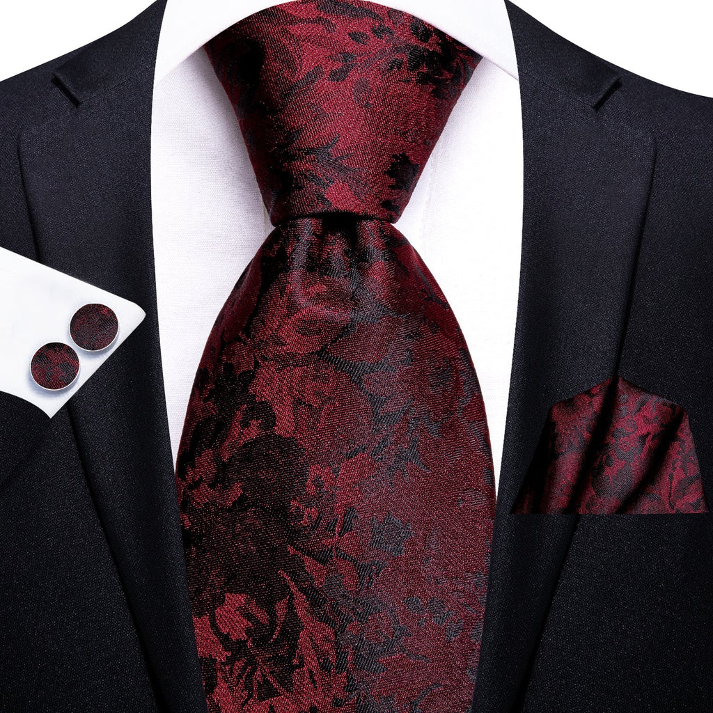 Red and Black Floral Silk Tie Set - GentCrest - View 5