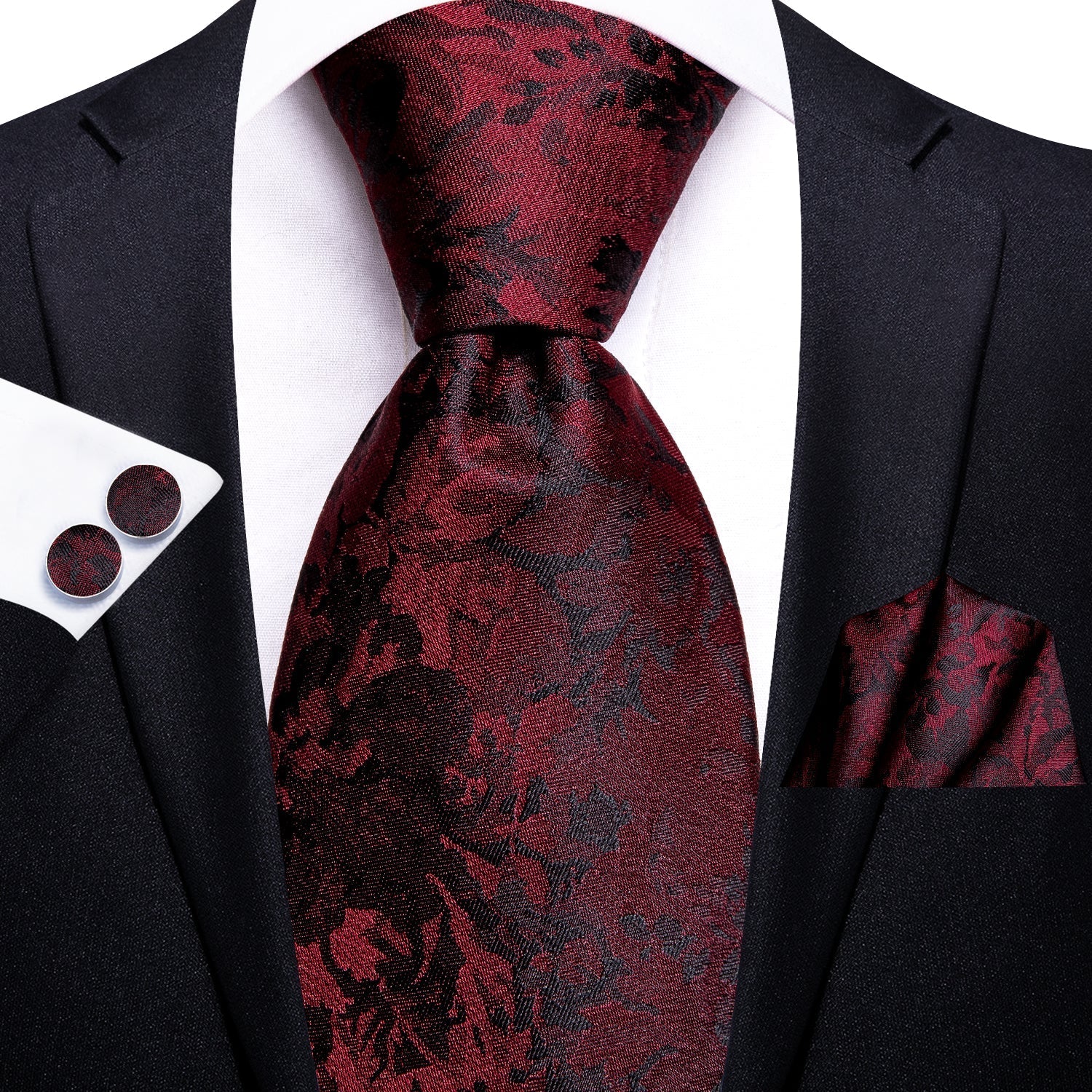 Red and Black Floral Silk Tie Set - GentCrest - View 5