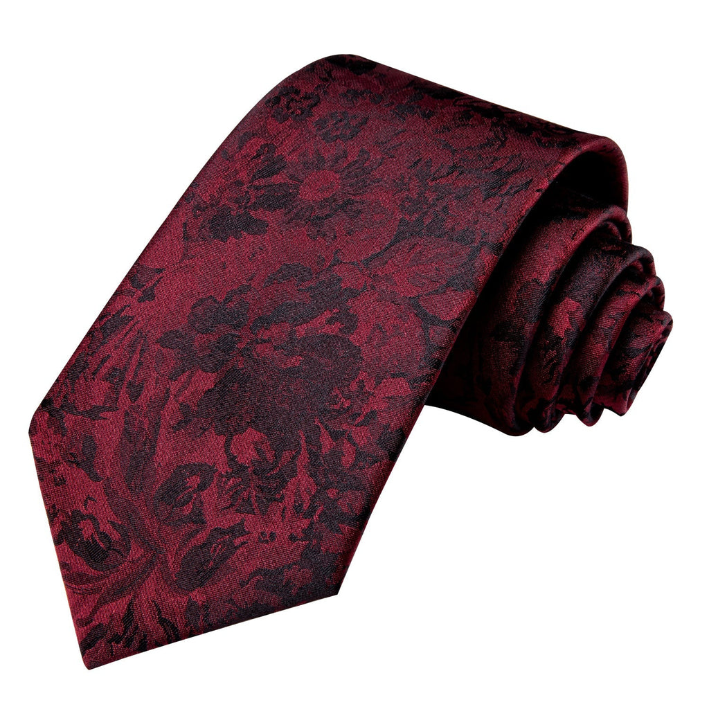 Red and Black Floral Silk Tie Set - GentCrest - View 3