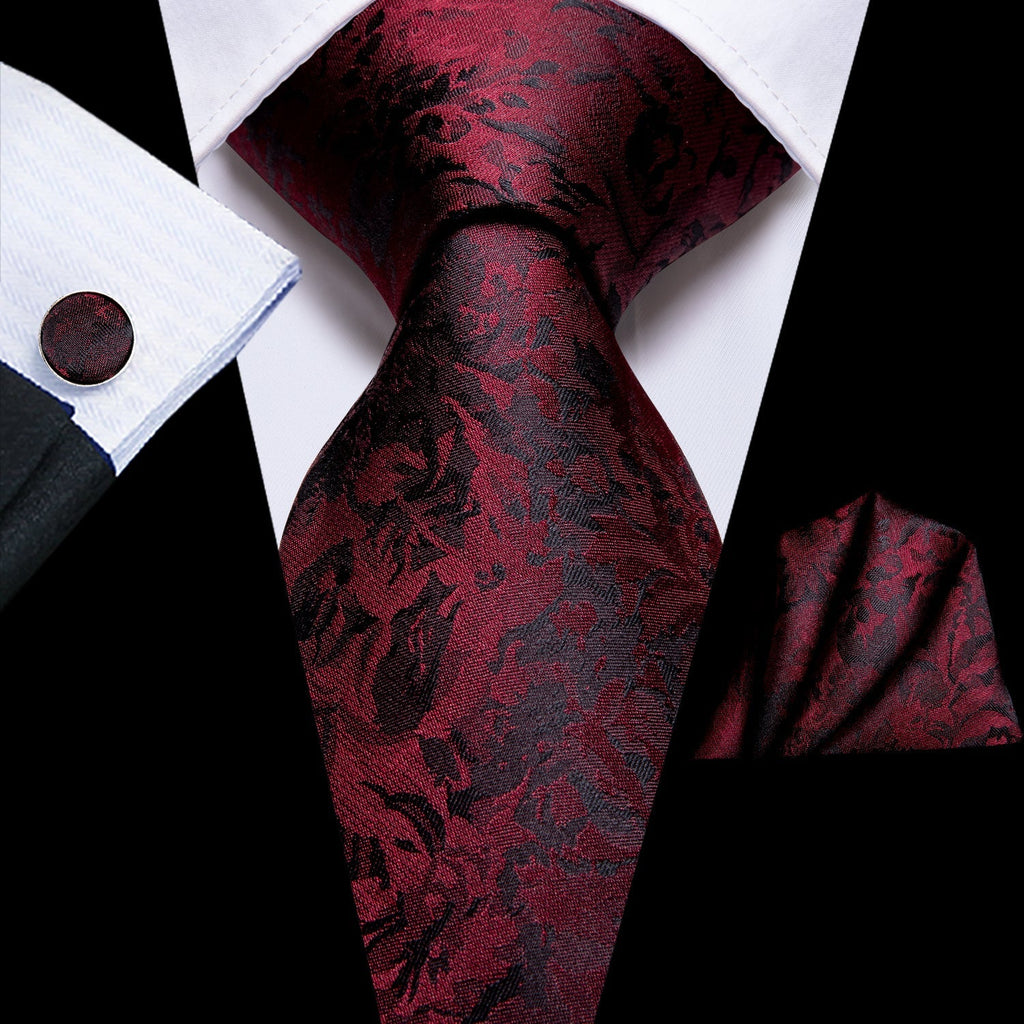 Red and Black Floral Silk Tie Set - GentCrest