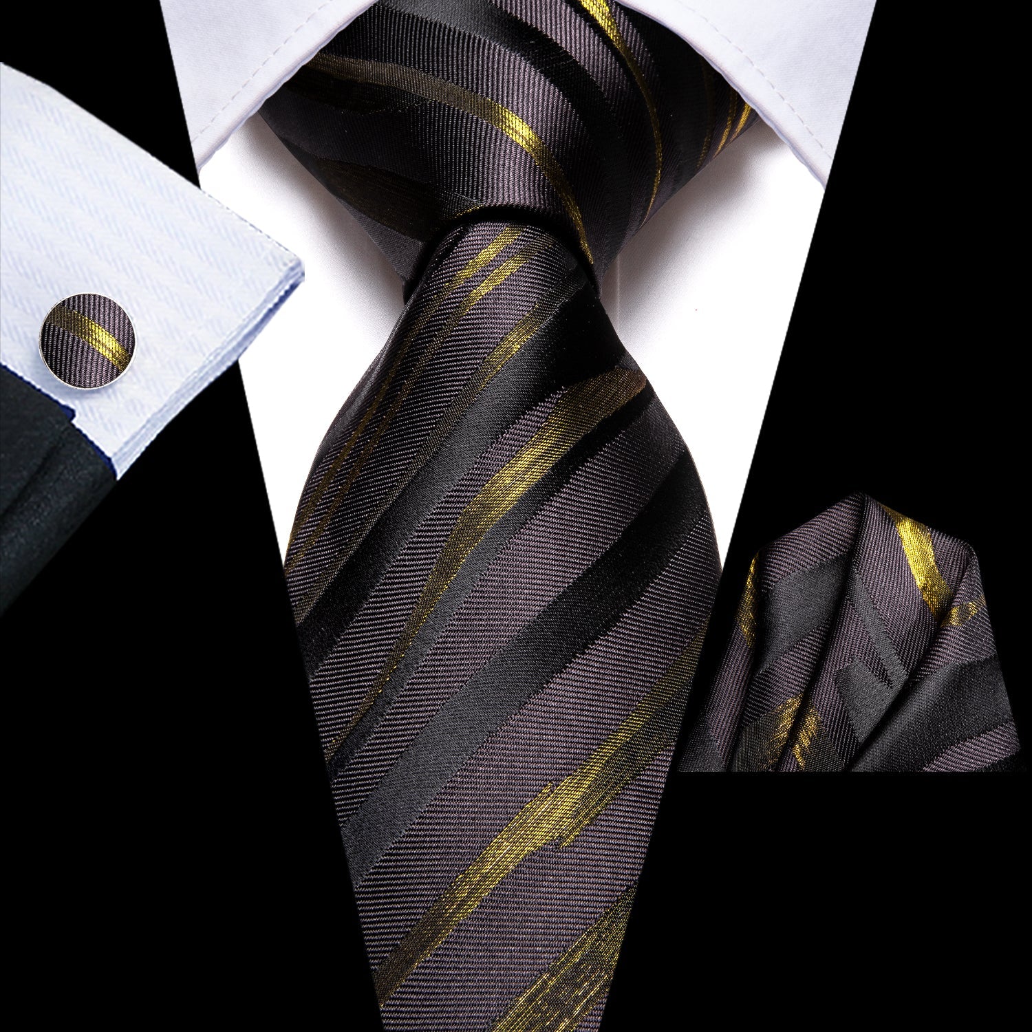 GentCrest Black Striped Tie Hanky Cufflinks Set - Image 1