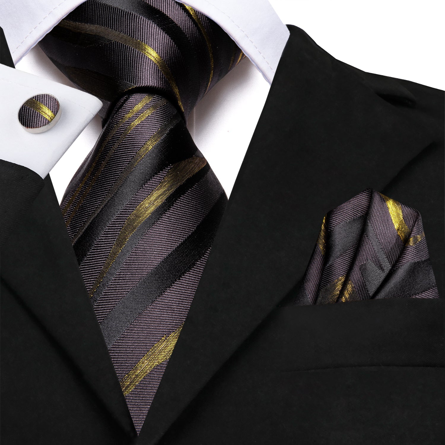 GentCrest Black Striped Tie Hanky Cufflinks Set - Image 2