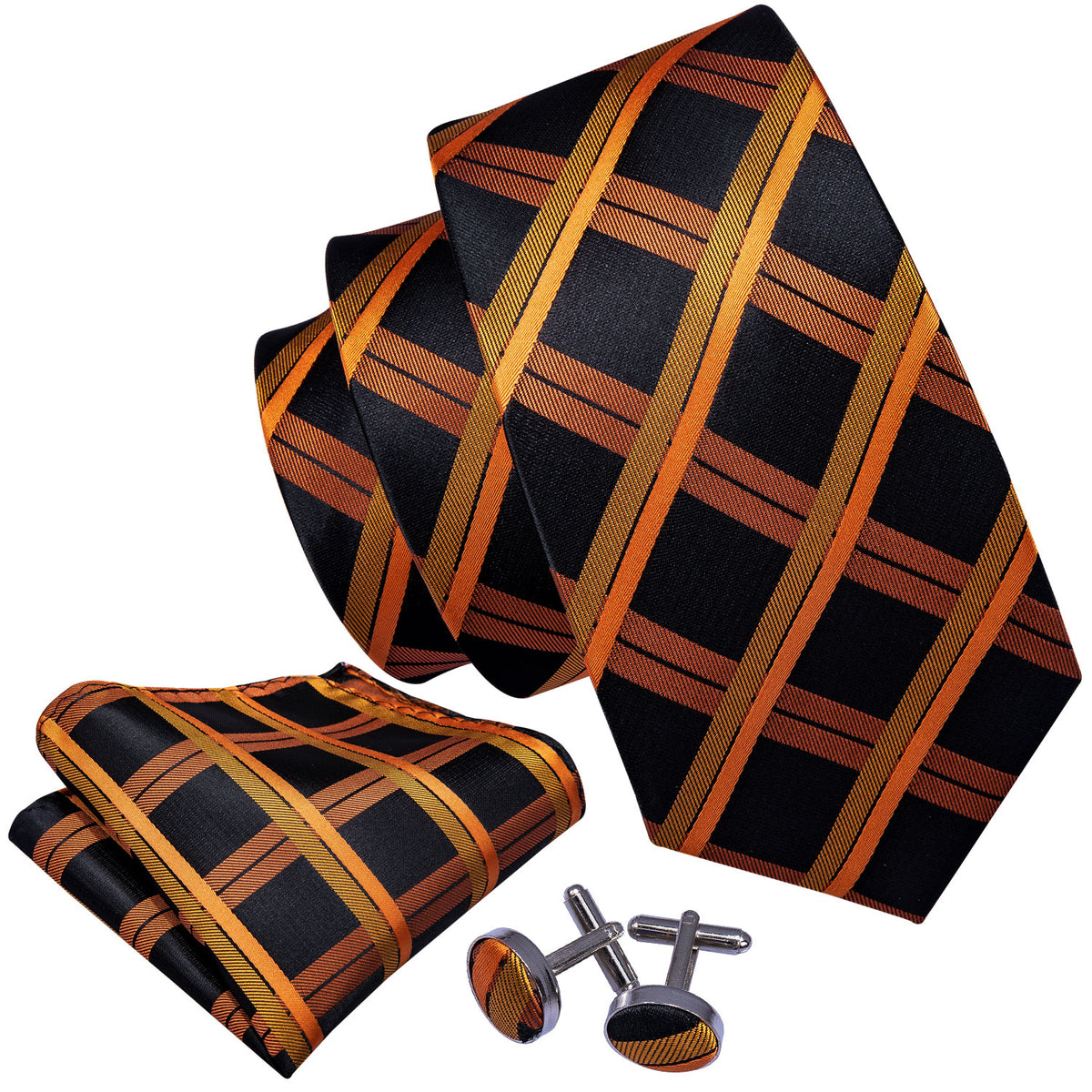 Orange and Black Plaid Silk Tie Set - GentCrest - View 2