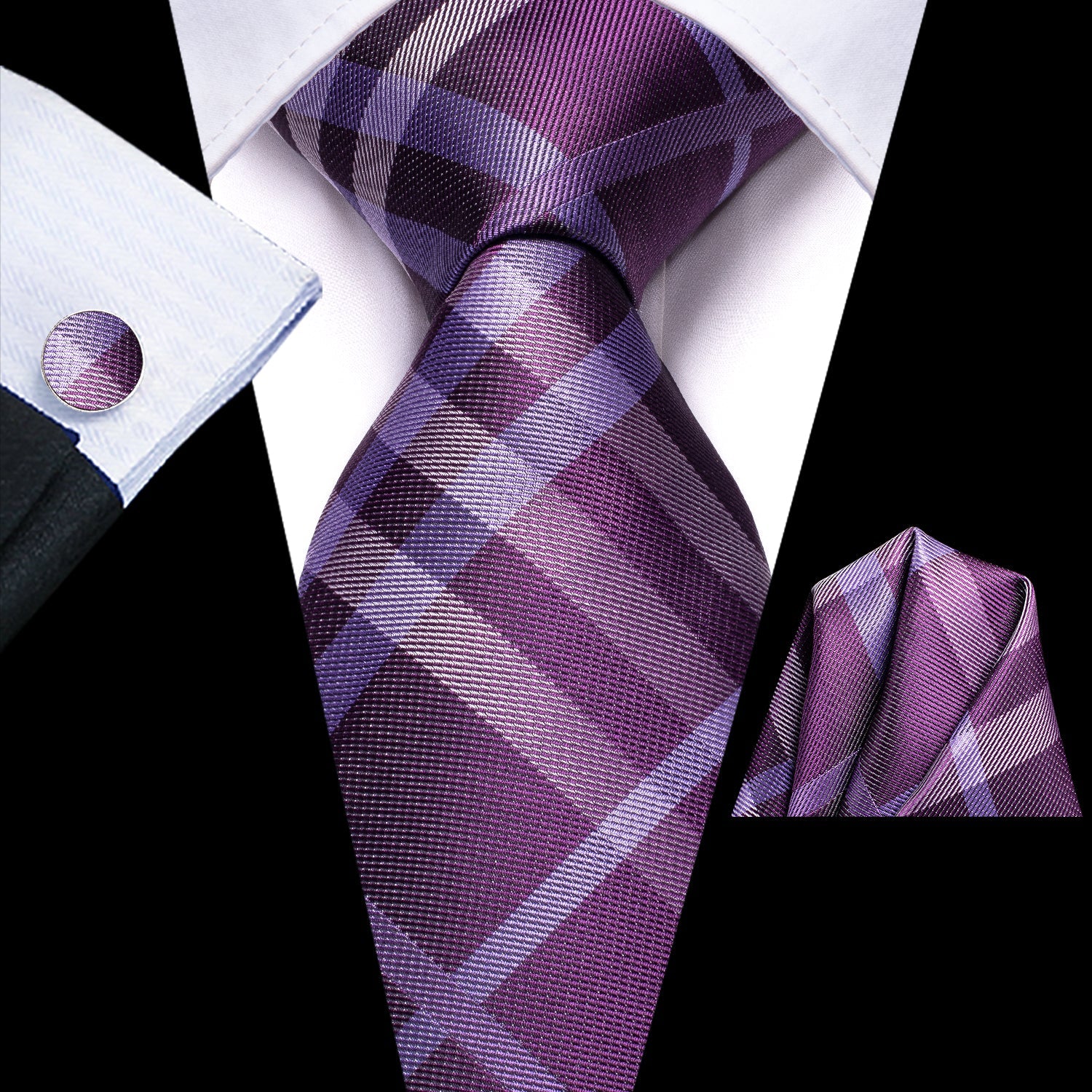 GentCrest Purple Plaid Tie Hanky Cufflinks Set - Image 1