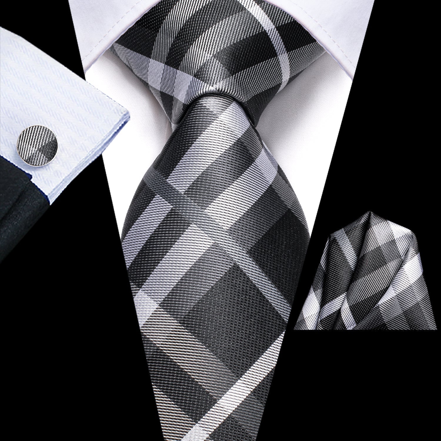 GentCrest Grey Plaid Tie Hanky Cufflinks Set - Image 1