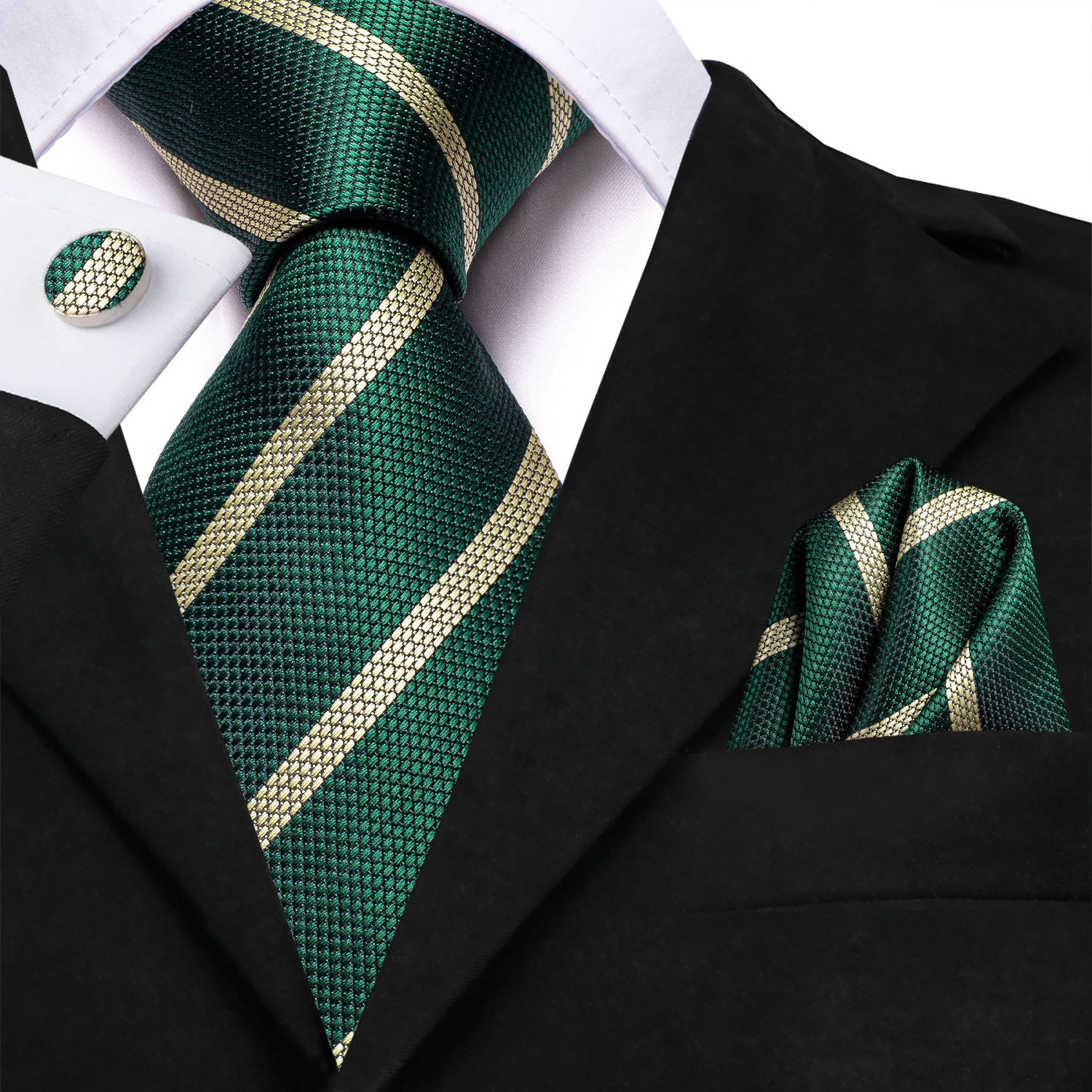 GentCrest Green Striped Tie Hanky Cufflinks Set - Image 2