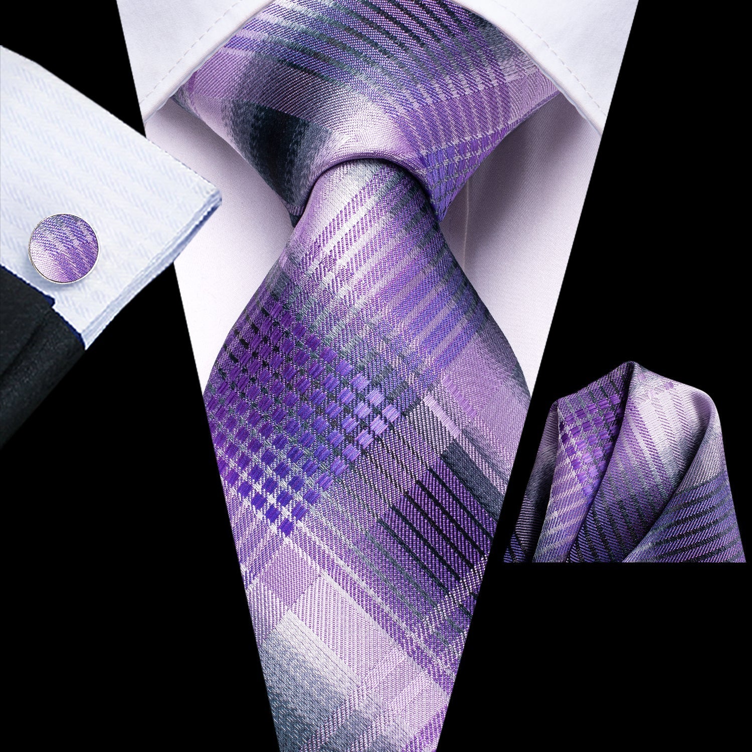 GentCrest Purple Plaid Tie Hanky Cufflinks Set - Image 1