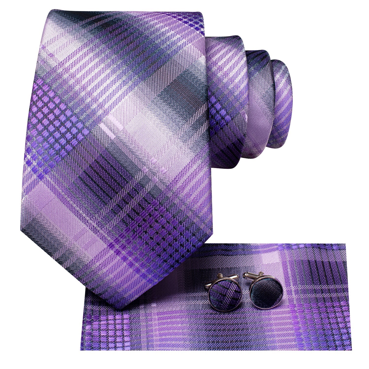 GentCrest Purple Plaid Tie Hanky Cufflinks Set - Image 3