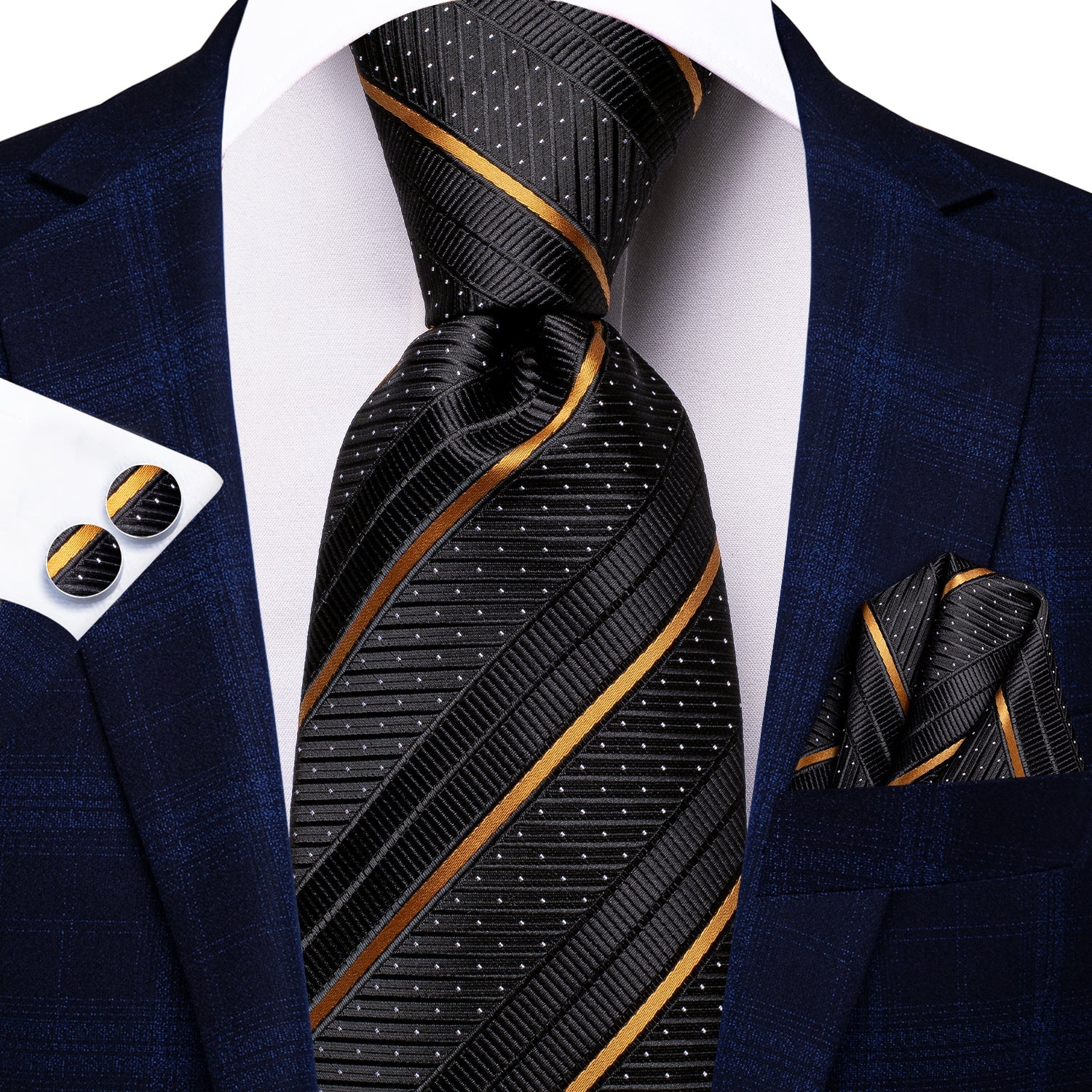 GentCrest Black Striped Tie Hanky Cufflinks Set - Image 2