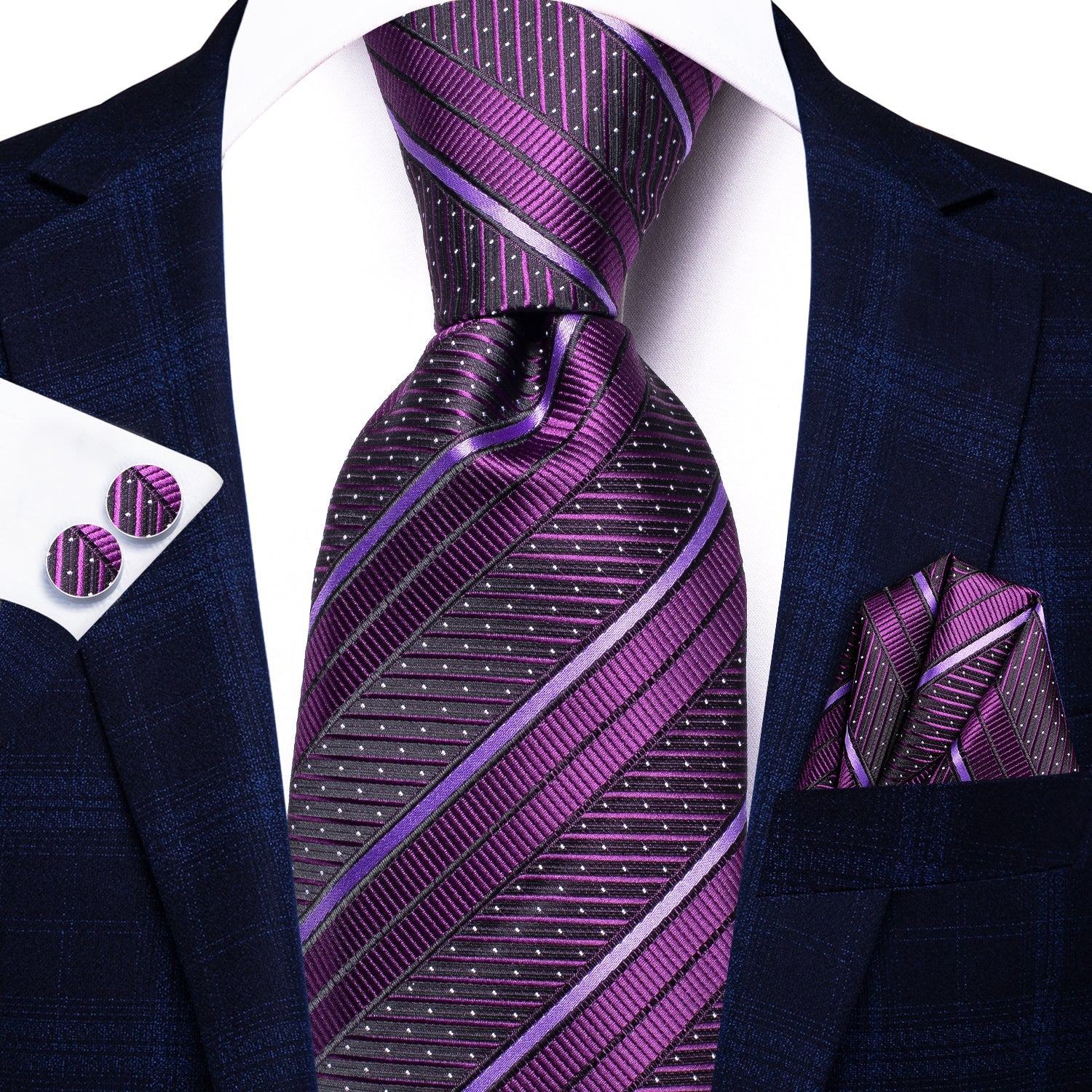 GentCrest Purple Striped Tie Hanky Cufflinks Set - Image 2