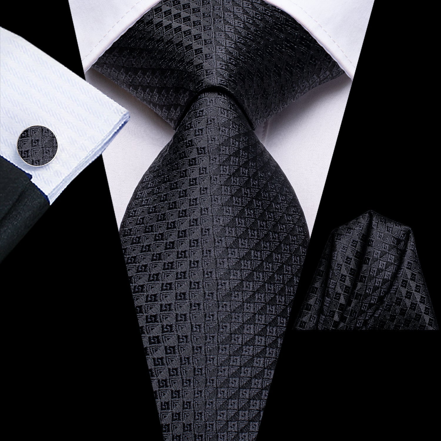 GentCrest Black Plaid Tie Hanky Cufflinks Set - Image 1