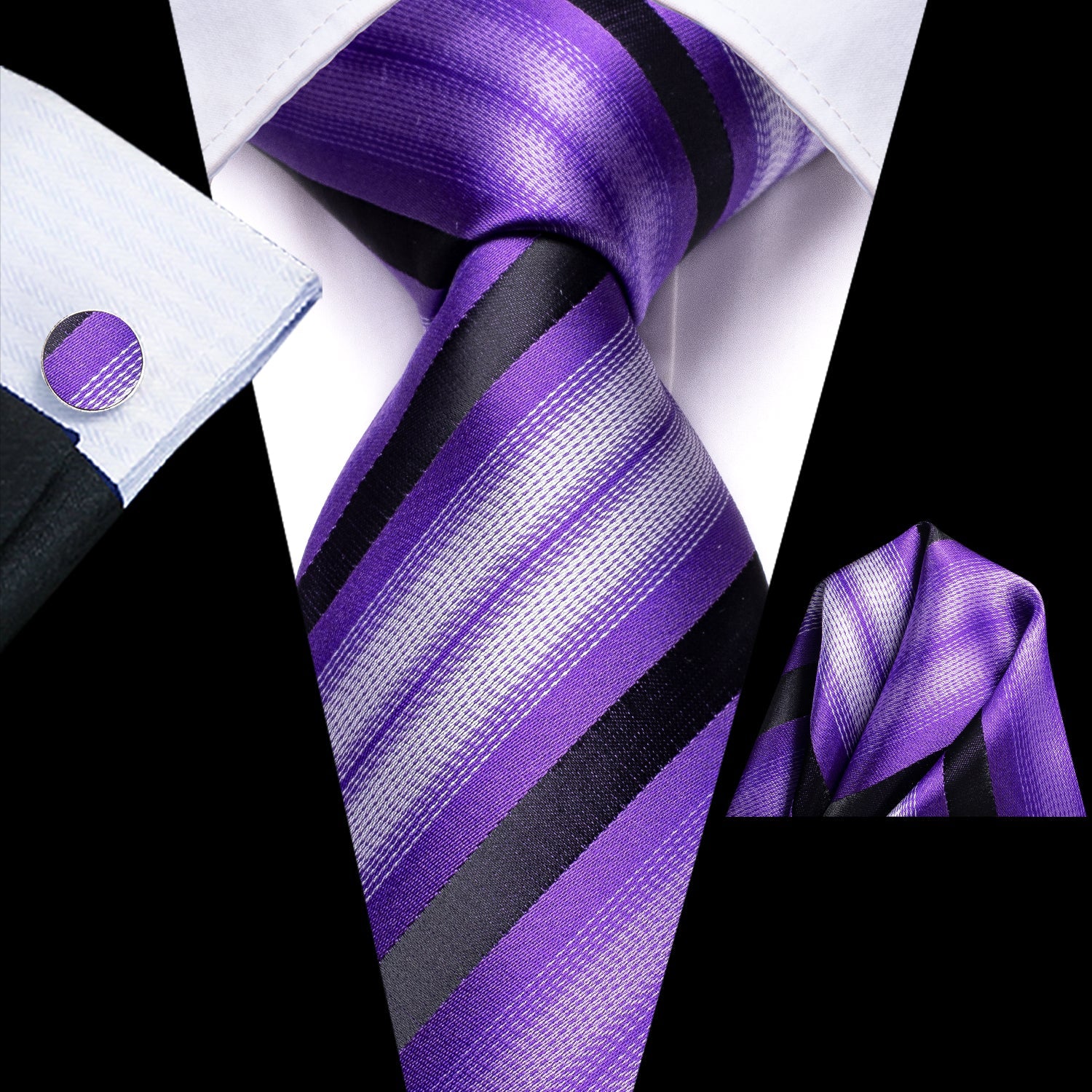 GentCrest Black Striped Tie Hanky Cufflinks Set - Image 1