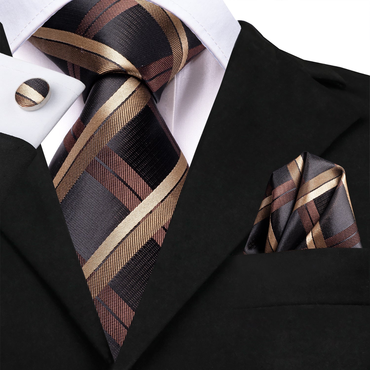 GentCrest Black Plaid Tie Hanky Cufflinks Set - Image 1