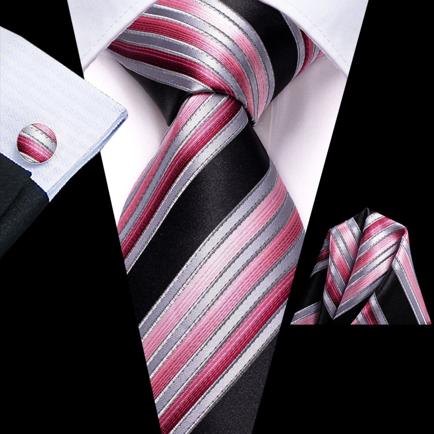 GentCrest Black Striped Tie Hanky Cufflinks Set - Image 1