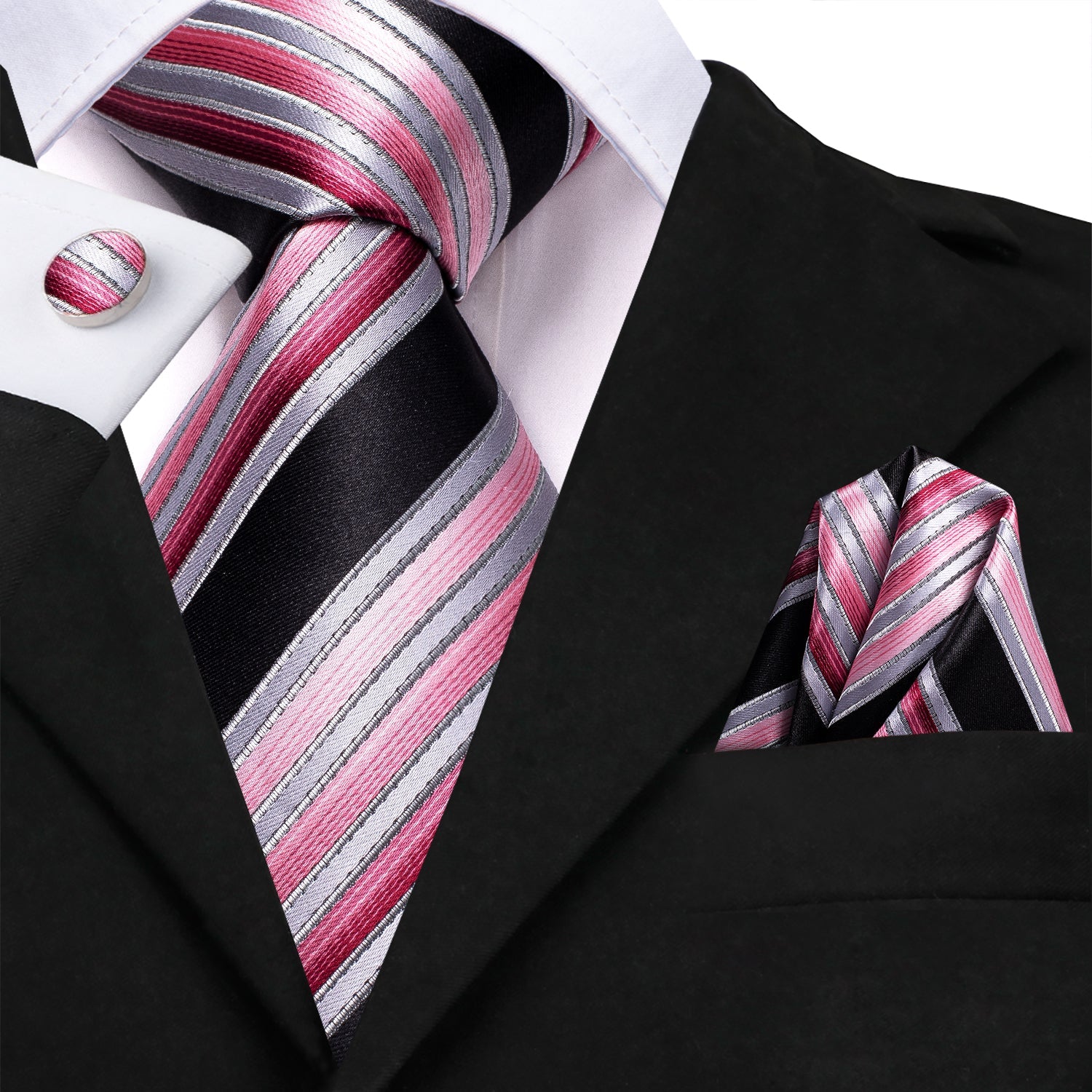GentCrest Black Striped Tie Hanky Cufflinks Set - Image 3