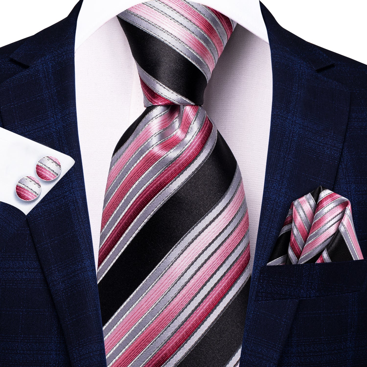 GentCrest Black Striped Tie Hanky Cufflinks Set - Image 2