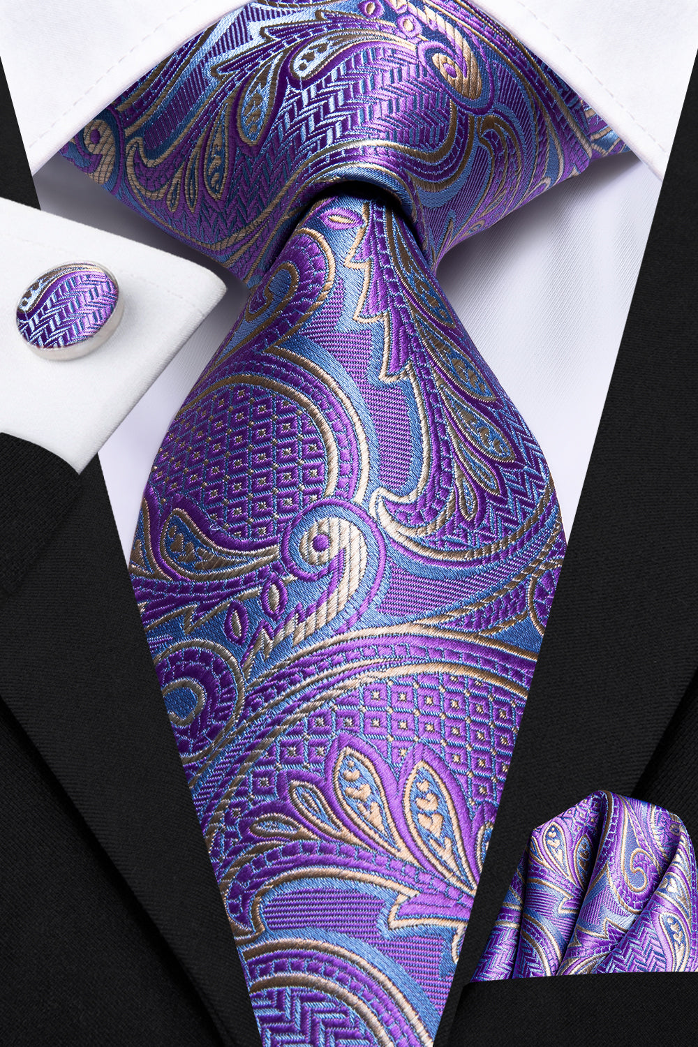 GentCrest Purple Paisley Tie Hanky Cufflinks Set - Image 2