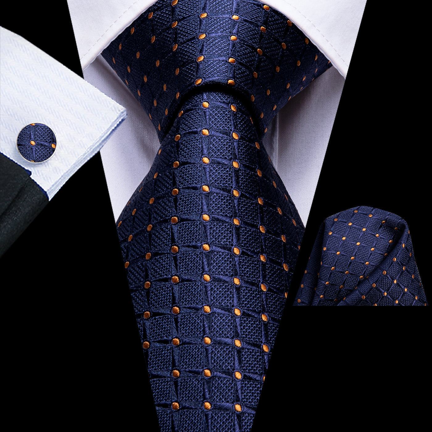 Navy & Gold Grid Pattern Silk Tie Set - GentCrest