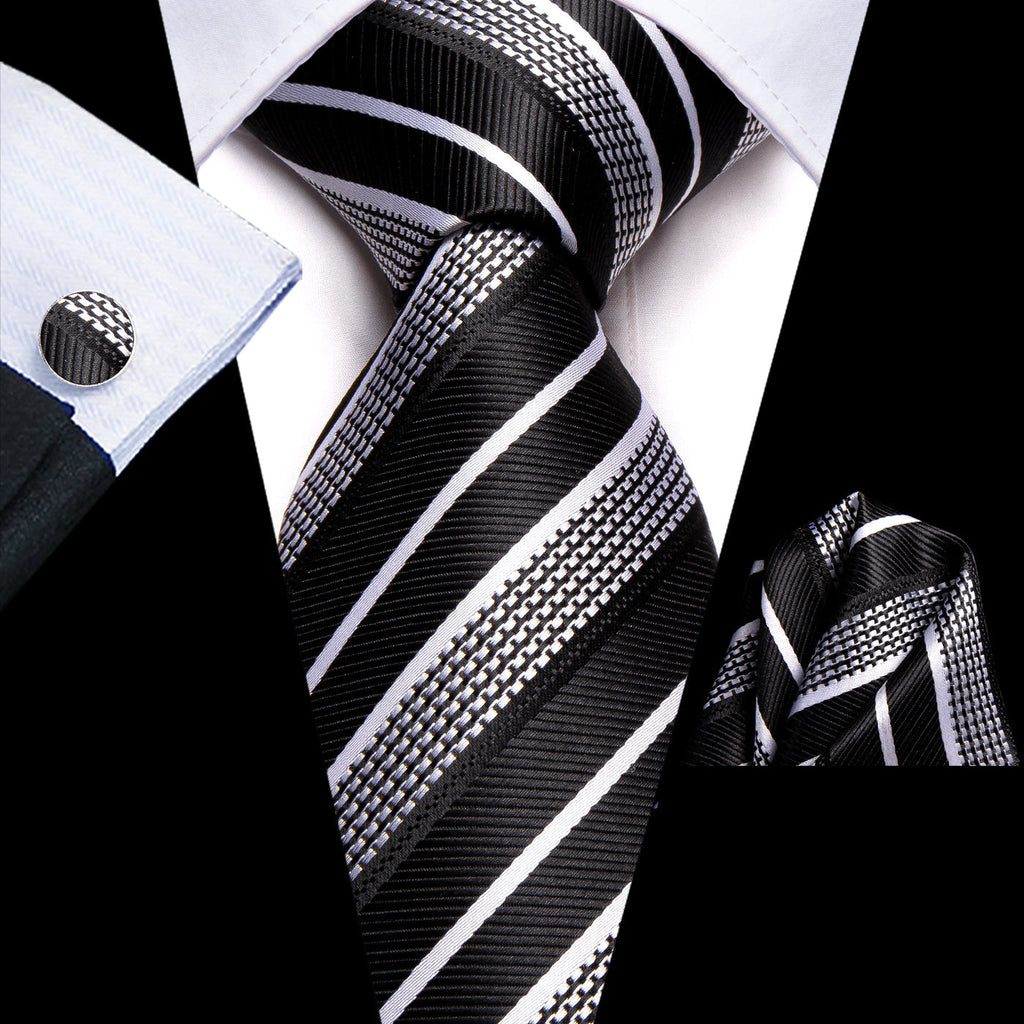 Black & Silver Striped Silk Tie and Pocket Square with Cufflinks Silk Tie Set - GentCrest - View 5