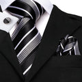 Black & Silver Striped Silk Tie and Pocket Square with Cufflinks Silk Tie Set - GentCrest